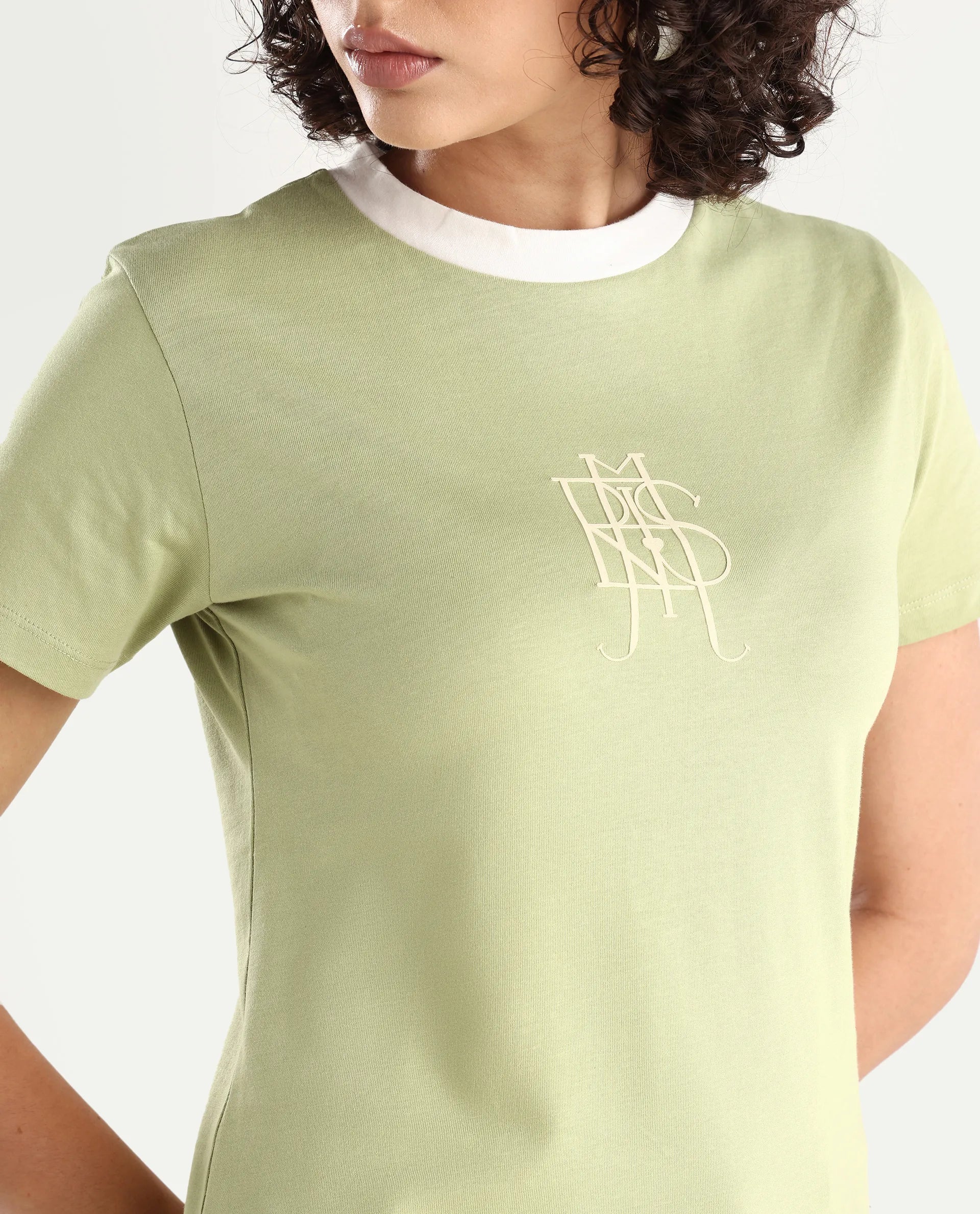 Rareism Women's Cosme Light Green Cotton Blend Crew Neck Graphic Print Regular Fit T-Shirt