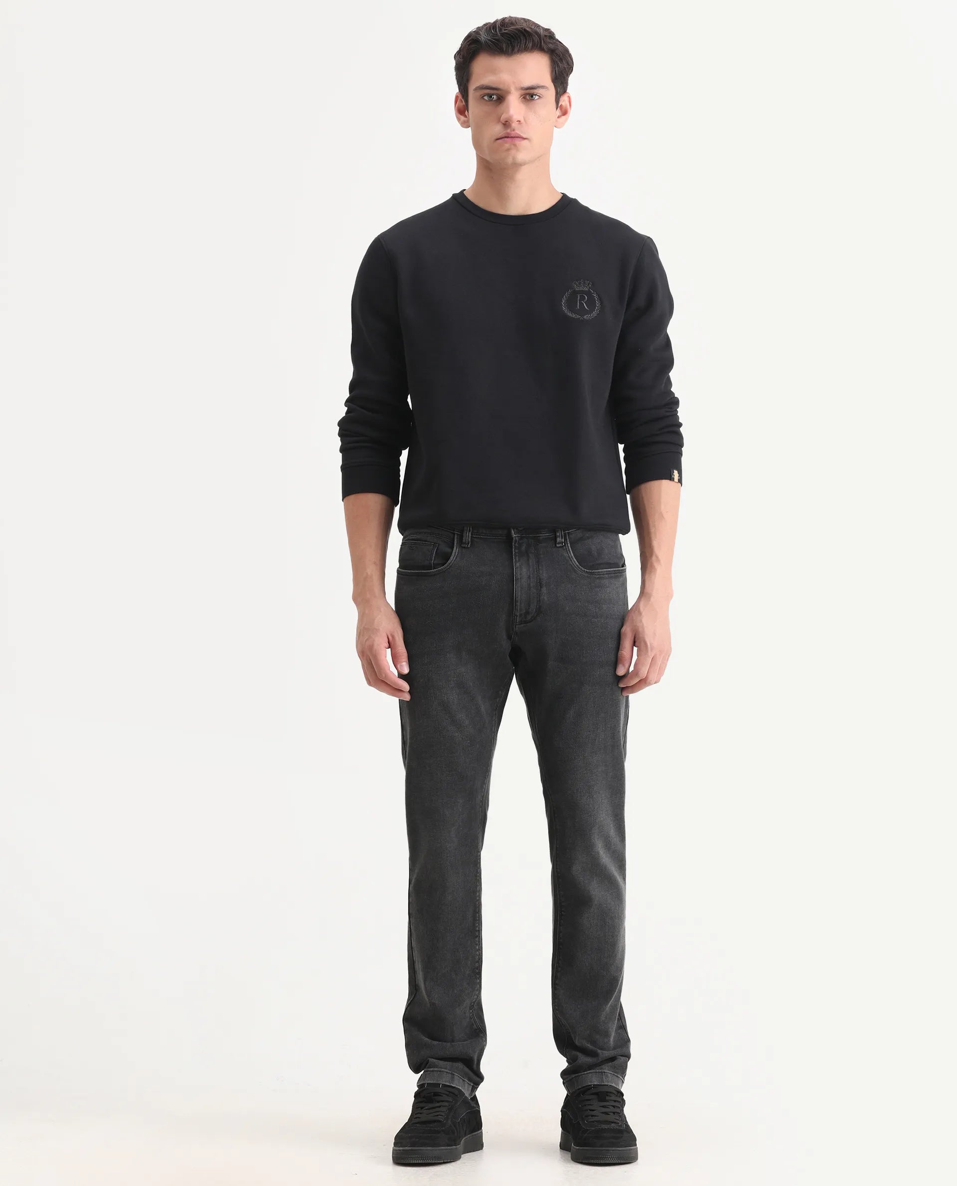 Rare Rabbit Men's Cosmog-1 Dark Grey Cotton Blend Fabric Hawk Slim Plain Jeans