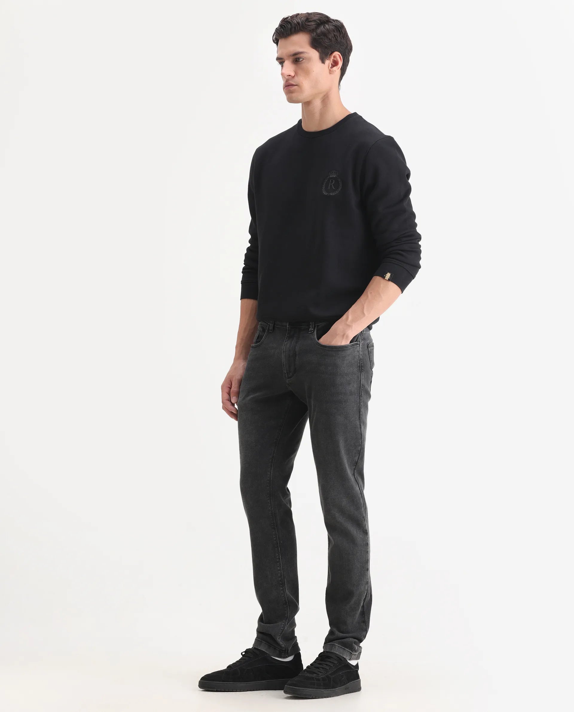 Rare Rabbit Men's Cosmog-1 Dark Grey Cotton Blend Fabric Hawk Slim Plain Jeans