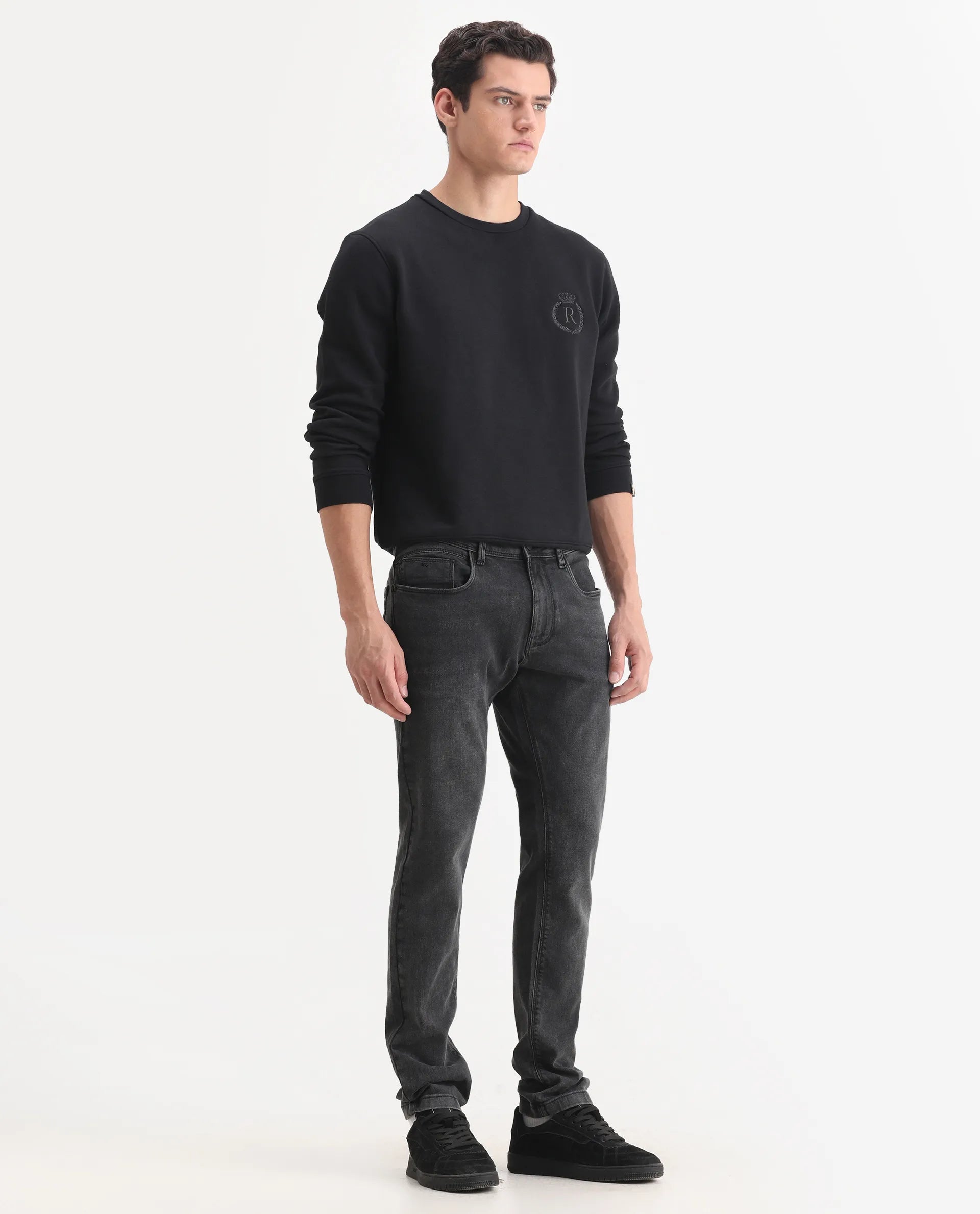 Rare Rabbit Men's Cosmog-1 Dark Grey Cotton Blend Fabric Hawk Slim Plain Jeans