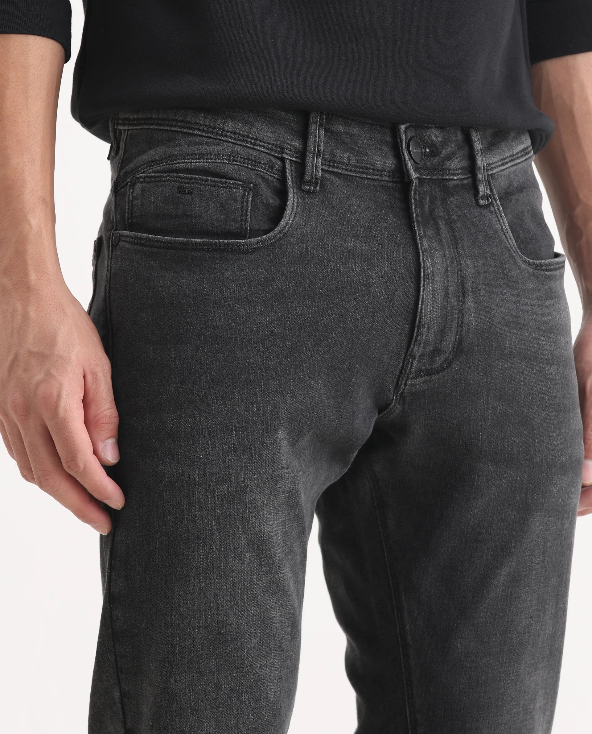 Rare Rabbit Men's Cosmog-1 Dark Grey Cotton Blend Fabric Hawk Slim Plain Jeans