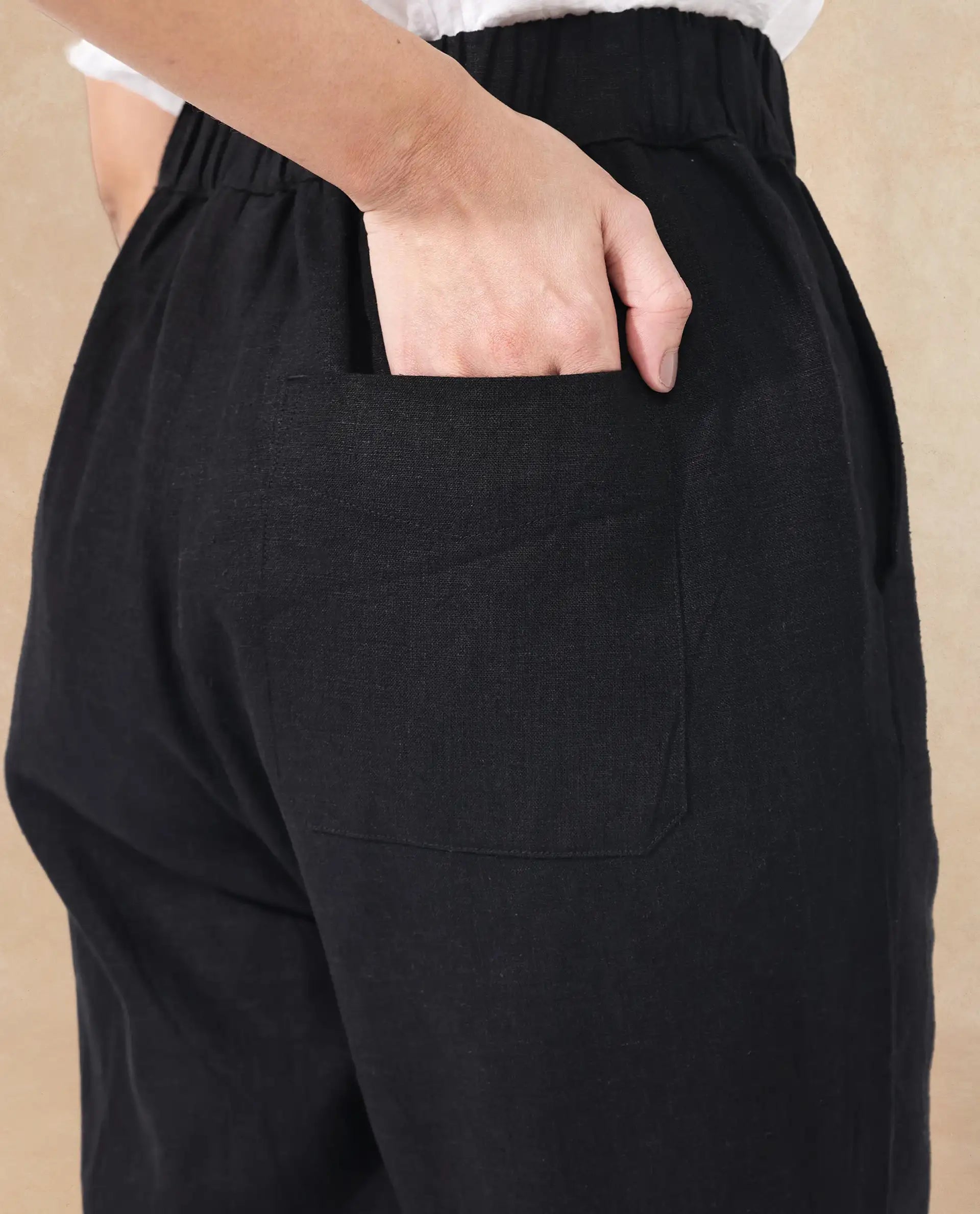 Rareism Women's Costa-B Black Linen Plain Ankle Length Tapered Trouser