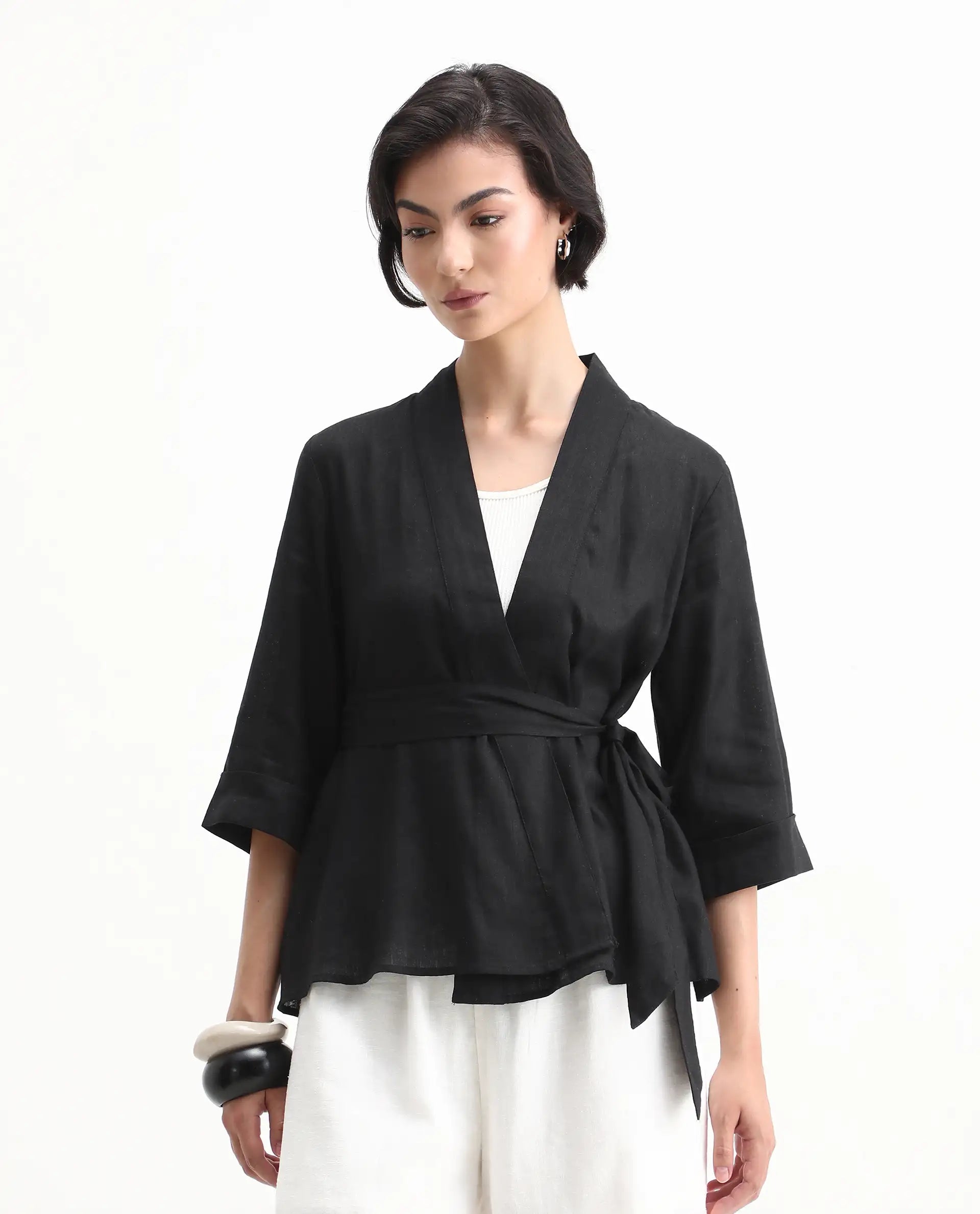 Rareism Women's Costa-T Black Cotton Blend Overlap Neck Plain Regular Fit Top