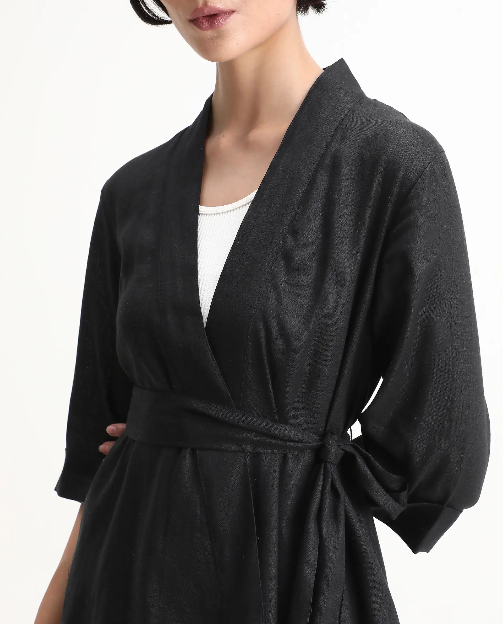 Rareism Women's Costa-T Black Cotton Blend Overlap Neck Plain Regular Fit Top