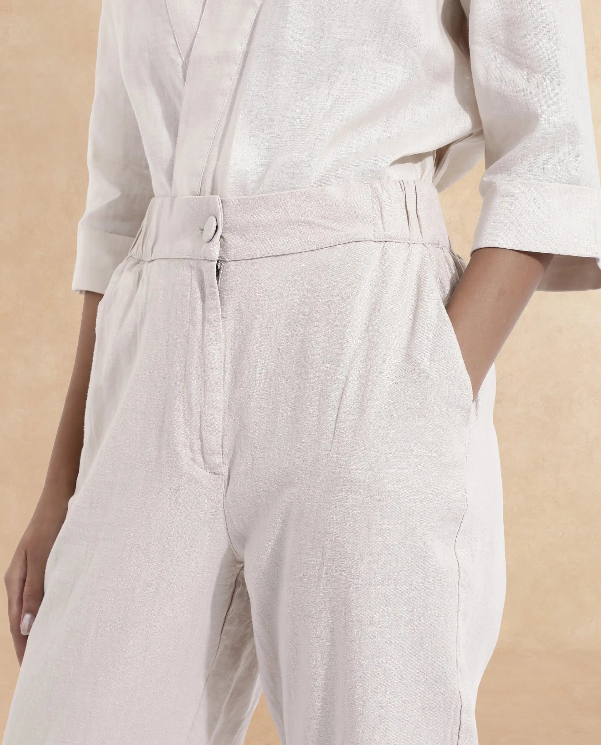 Rareism Women Costa-B Light Beige Cotton Linen Fabric Regular Length Trouser