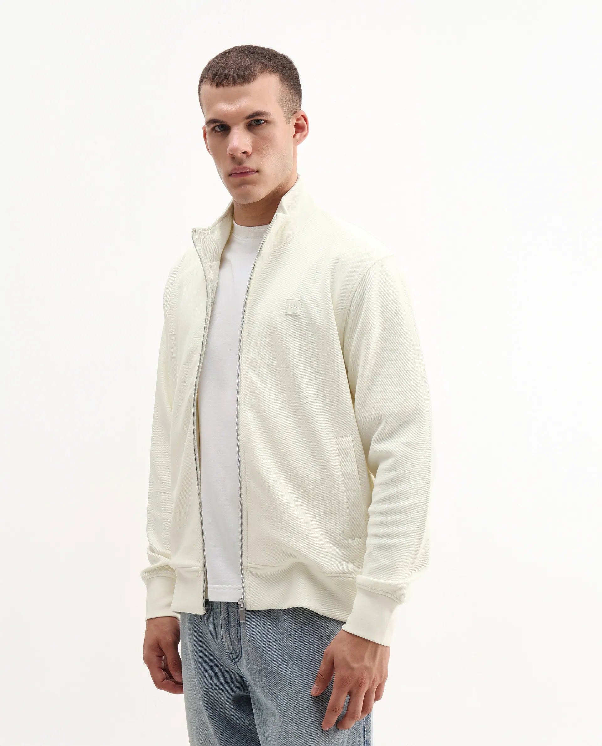 Rare Rabbit Men's Costo-J-S26 Off White Cotton Blend Fabric Full Sleeve High Neck Relaxed Fit Plain Sweatshirt