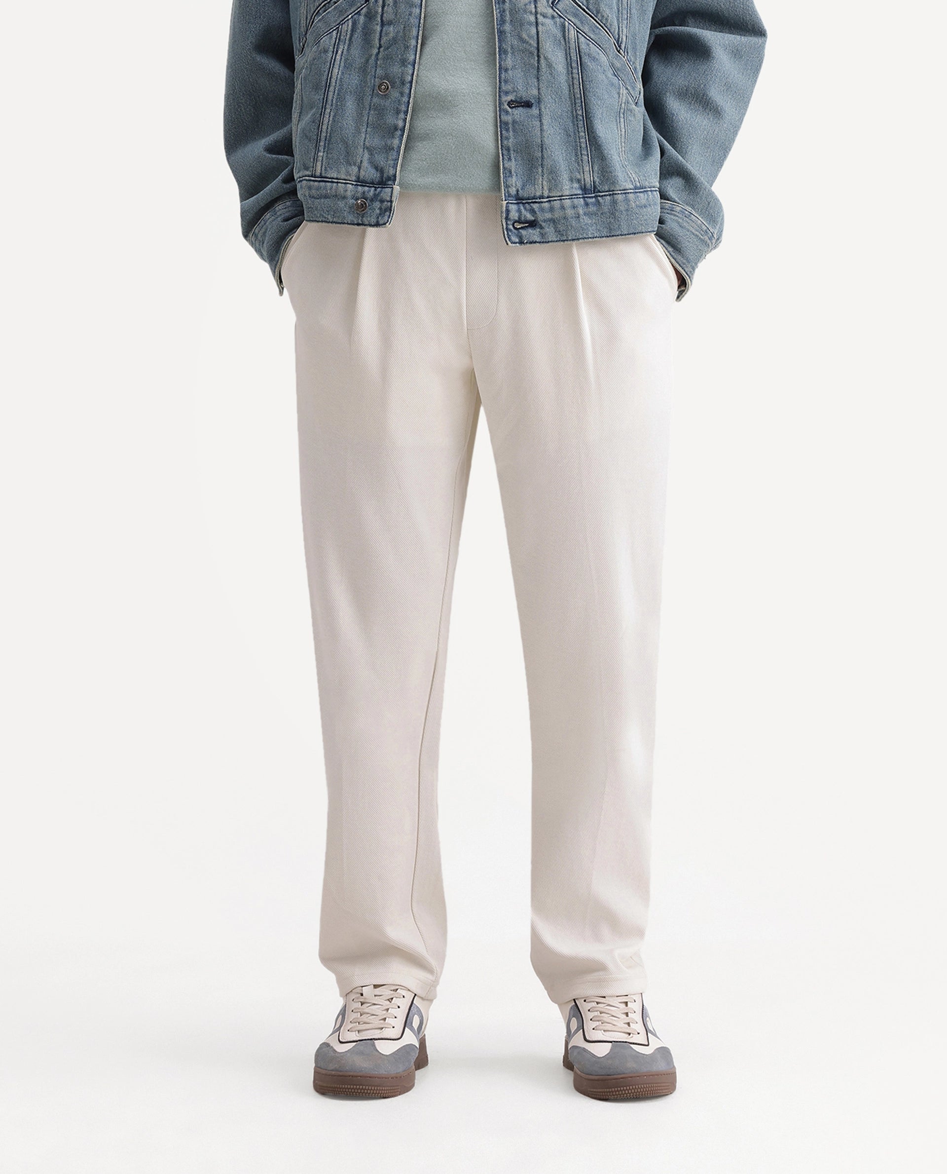Rare Rabbit Men's Costo-T-A26 Off White Cotton Blend Relaxed Plain Track Pant