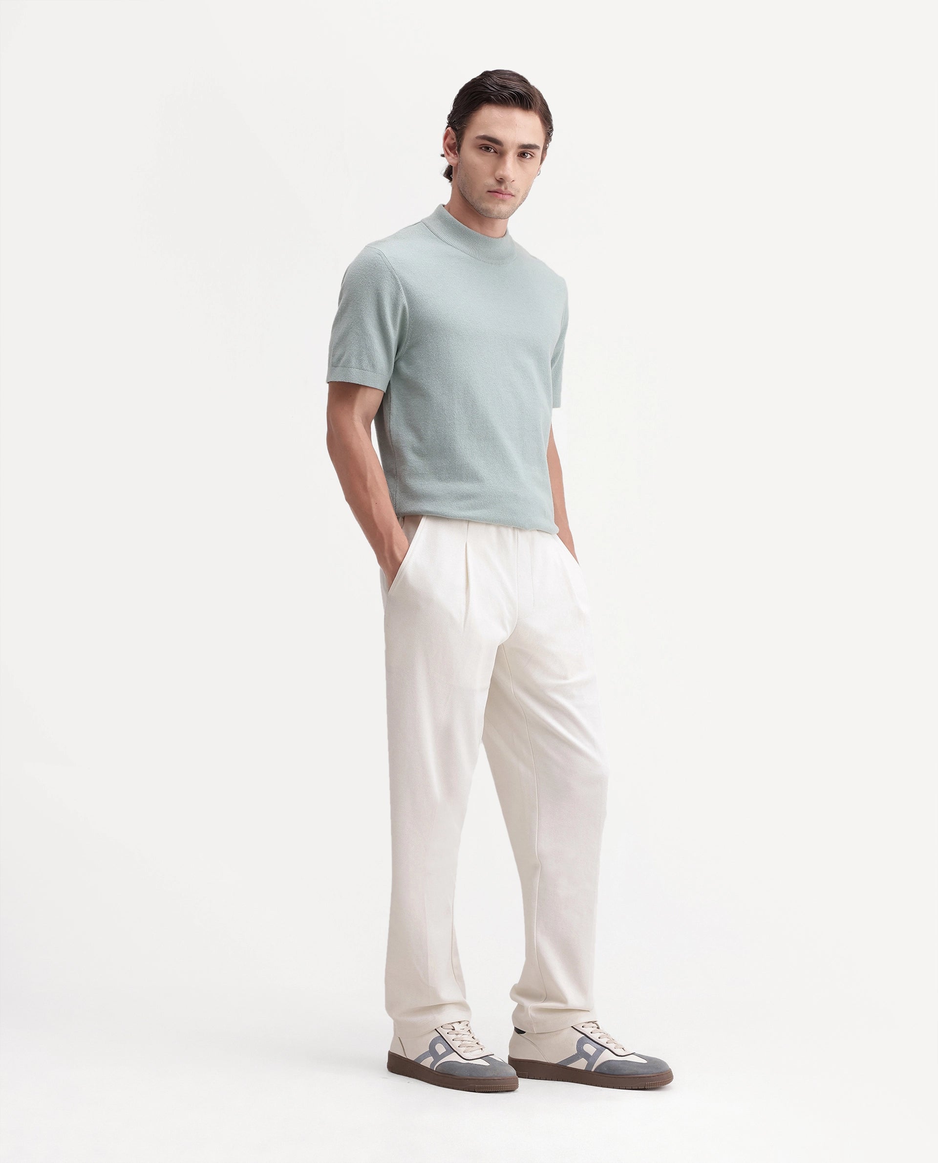 Rare Rabbit Men's Costo-T-A26 Off White Cotton Blend Relaxed Plain Track Pant