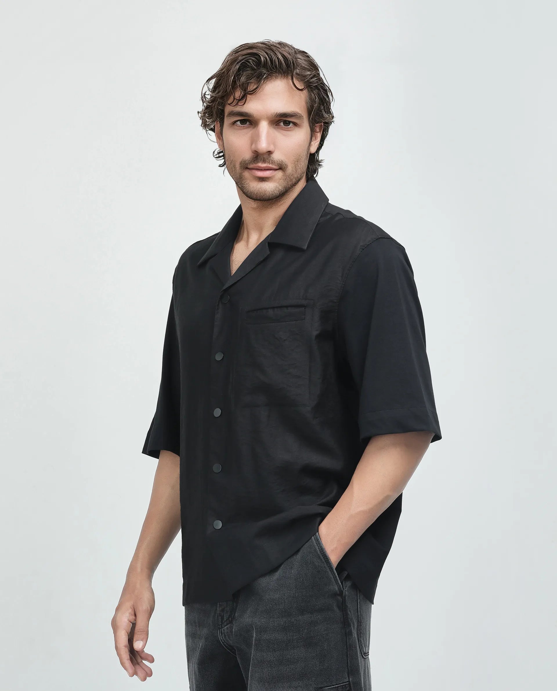 Rare Rabbit Men's Costo Black Viscose Nylon Fabric Half Sleeve Cuban Collar Button Closure Boxy Fit Color Block Shirt