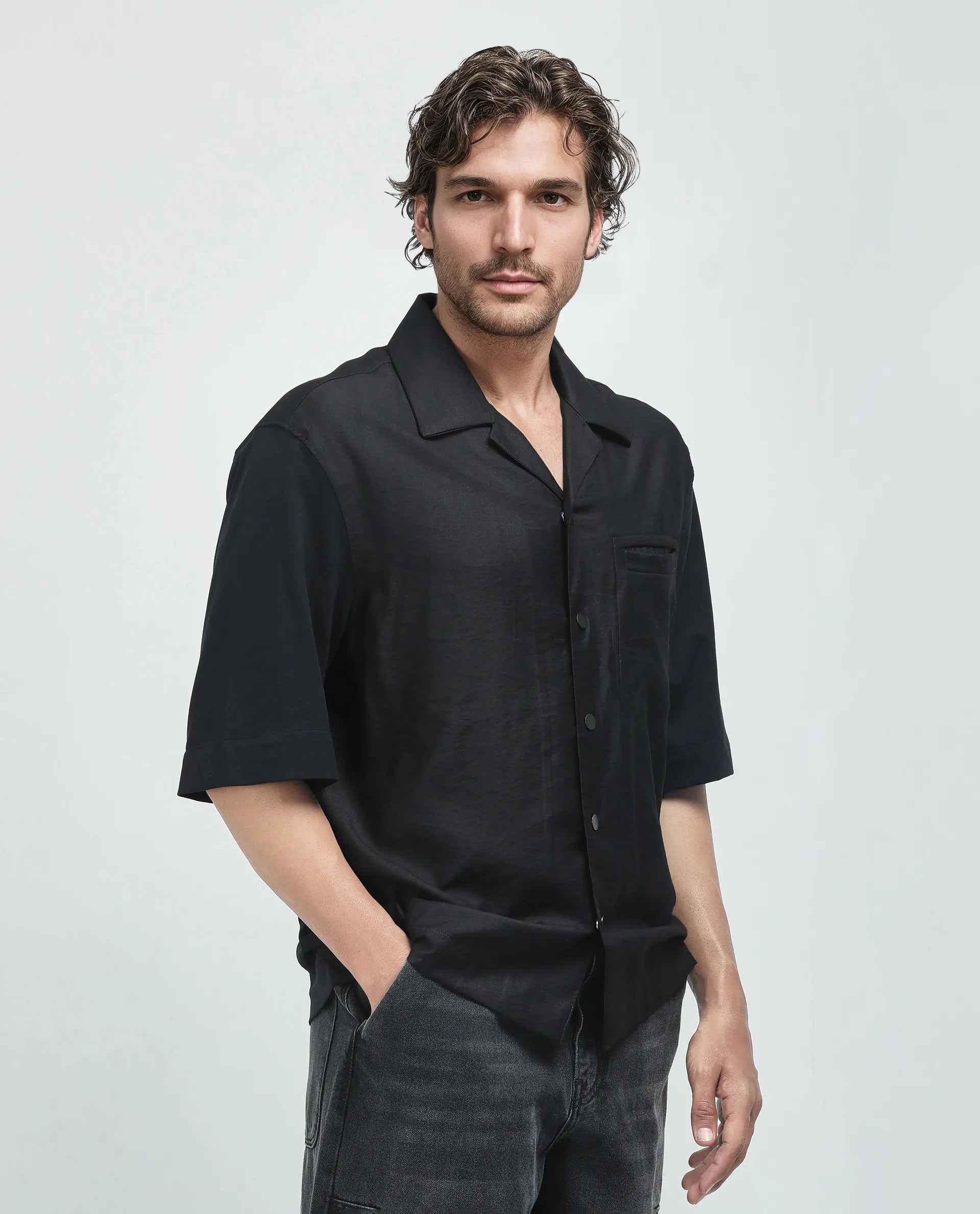 Rare Rabbit Men's Costo Black Viscose Nylon Fabric Half Sleeve Cuban Collar Button Closure Boxy Fit Color Block Shirt