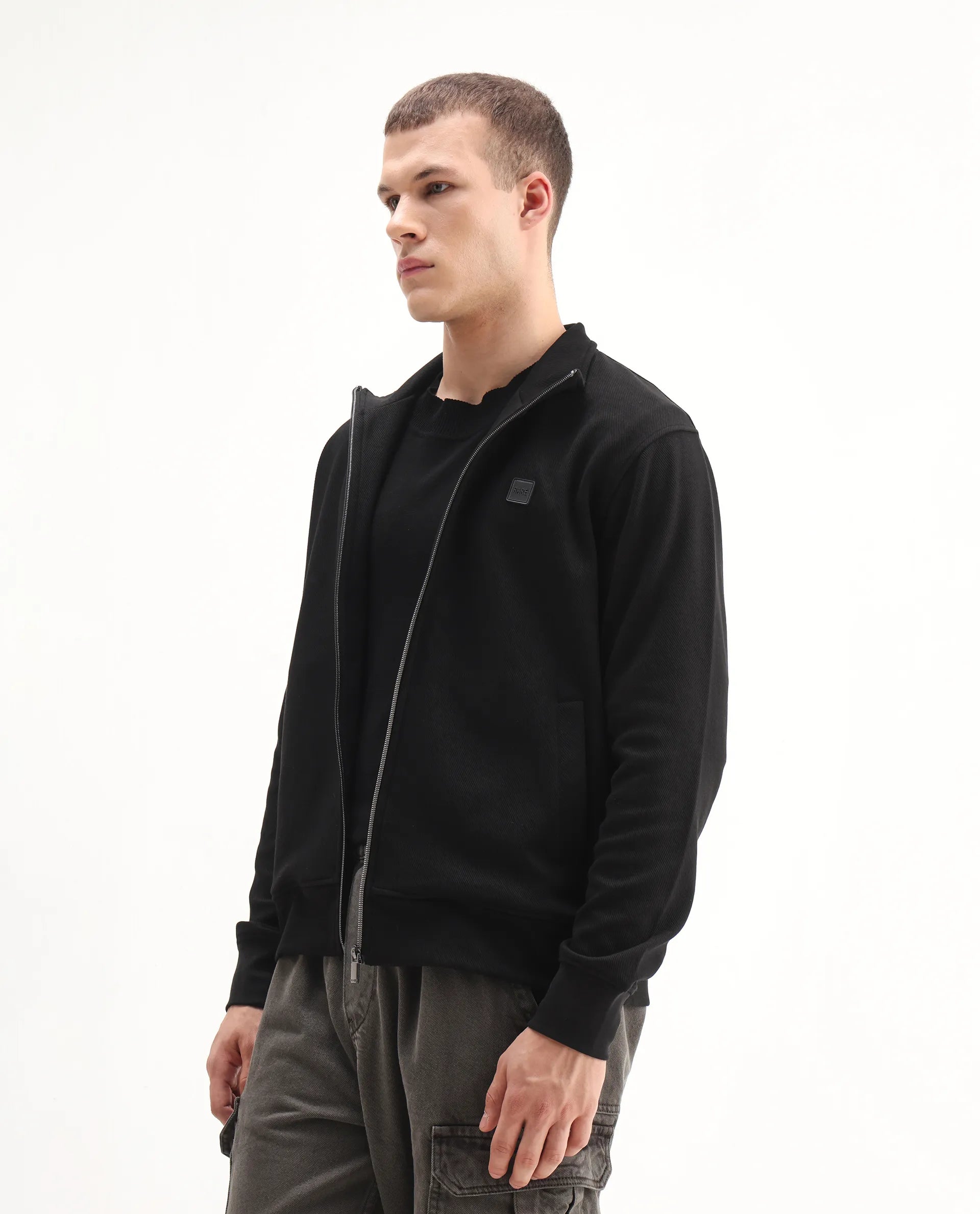 Rare Rabbit Men's Costo-J-S26 Black Cotton Blend Fabric Full Sleeve High Neck Relaxed Fit Plain Sweatshirt