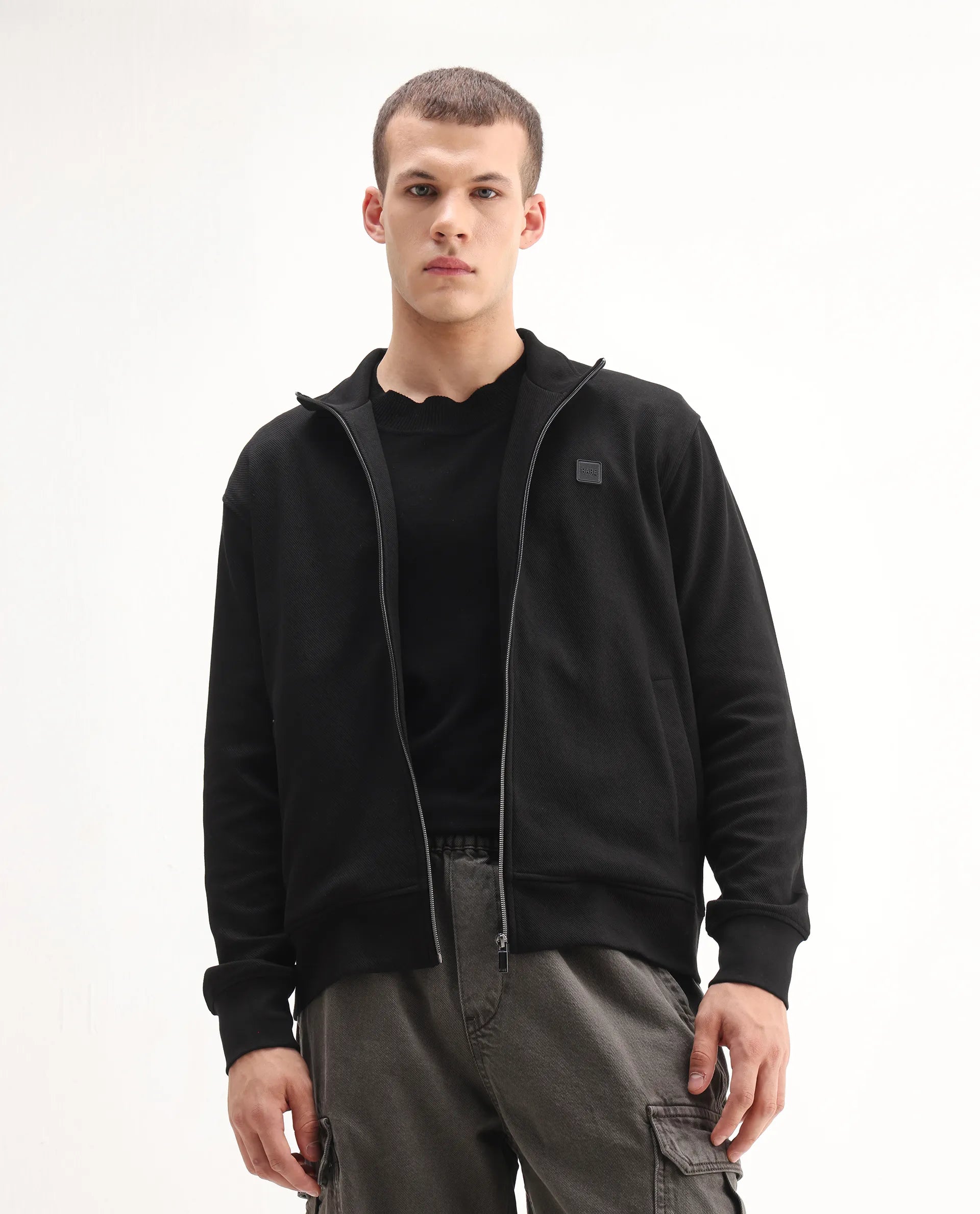 Rare Rabbit Men's Costo-J-S26 Black Cotton Blend Fabric Full Sleeve High Neck Relaxed Fit Plain Sweatshirt
