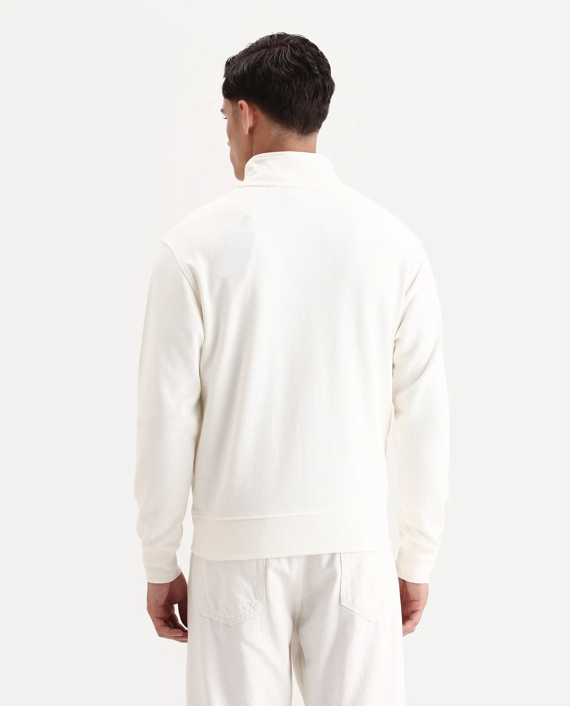 Rare Rabbit Men's Costo-J Off White Polyester Blend Plain Relaxed Fit Full Sleeve High Neck Sweatshirt