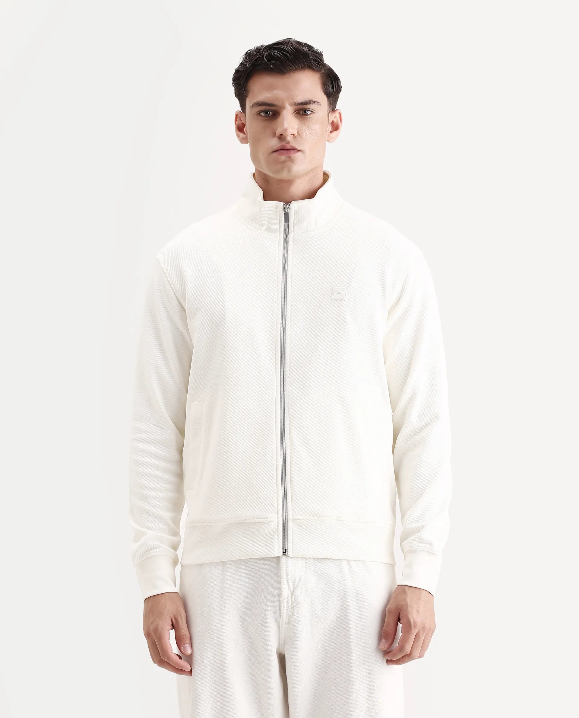 Rare Rabbit Men's Costo-J Off White Polyester Blend Plain Relaxed Fit Full Sleeve High Neck Sweatshirt