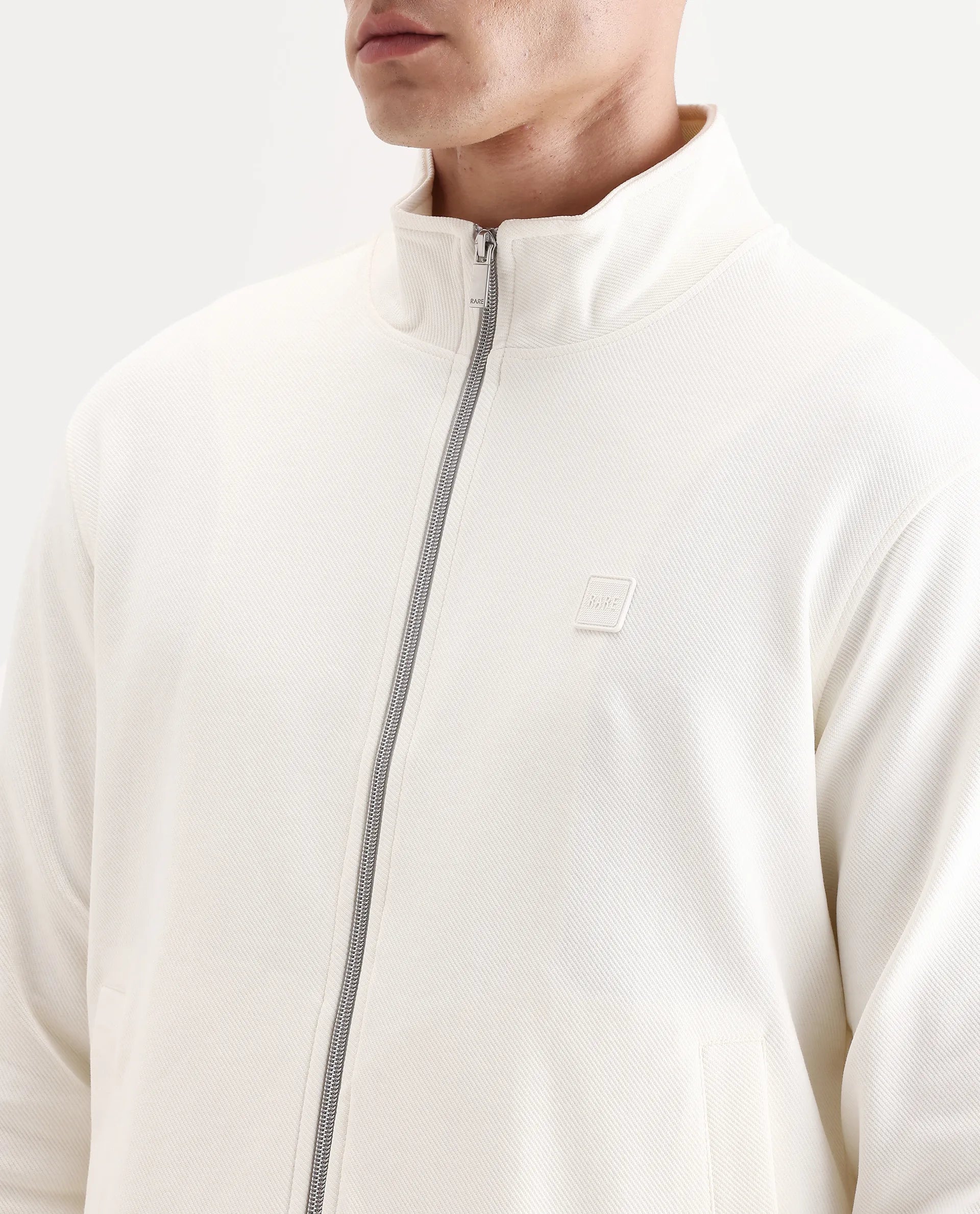 Rare Rabbit Men's Costo-J Off White Polyester Blend Plain Relaxed Fit Full Sleeve High Neck Sweatshirt