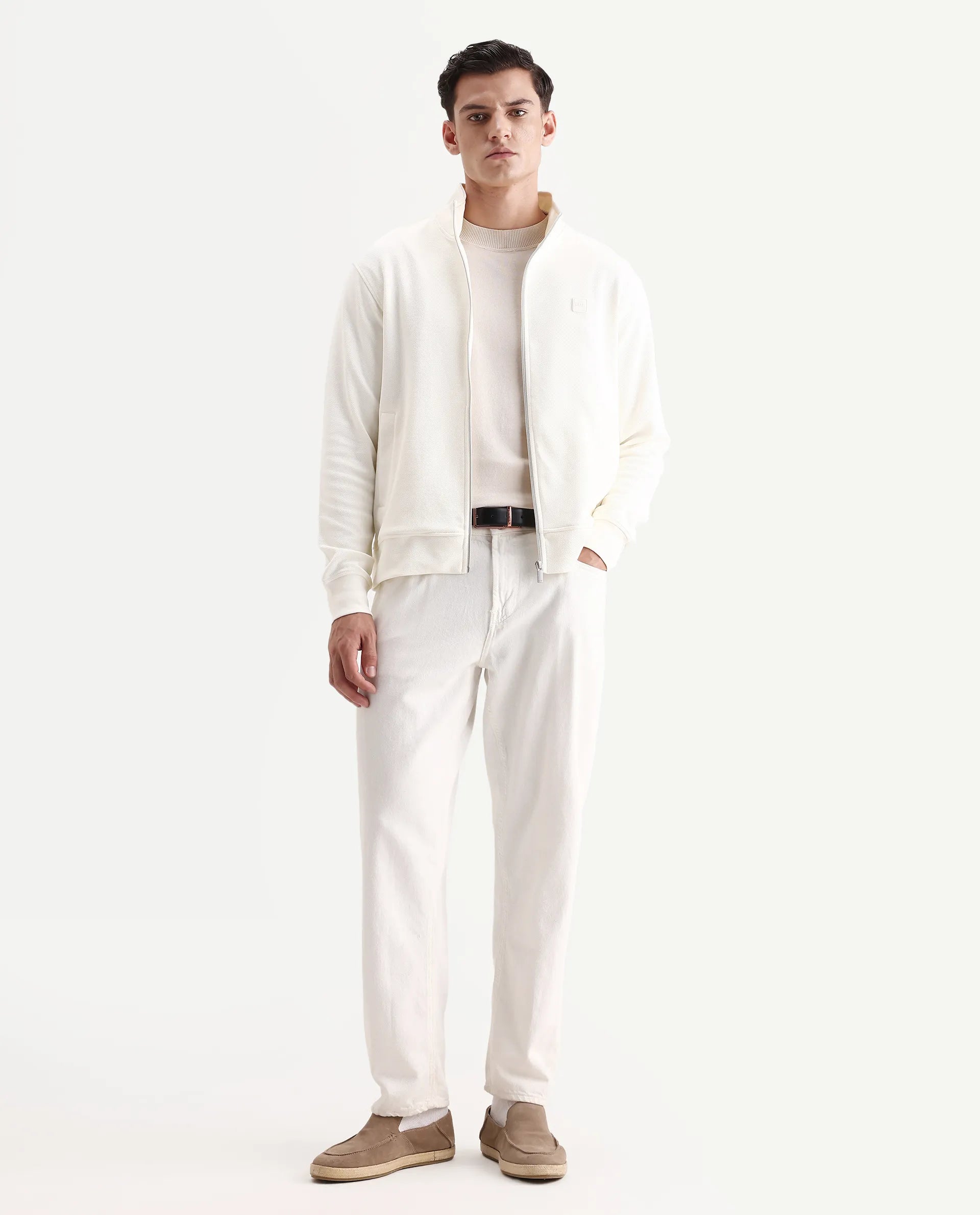 Rare Rabbit Men's Costo-J Off White Polyester Blend Plain Relaxed Fit Full Sleeve High Neck Sweatshirt