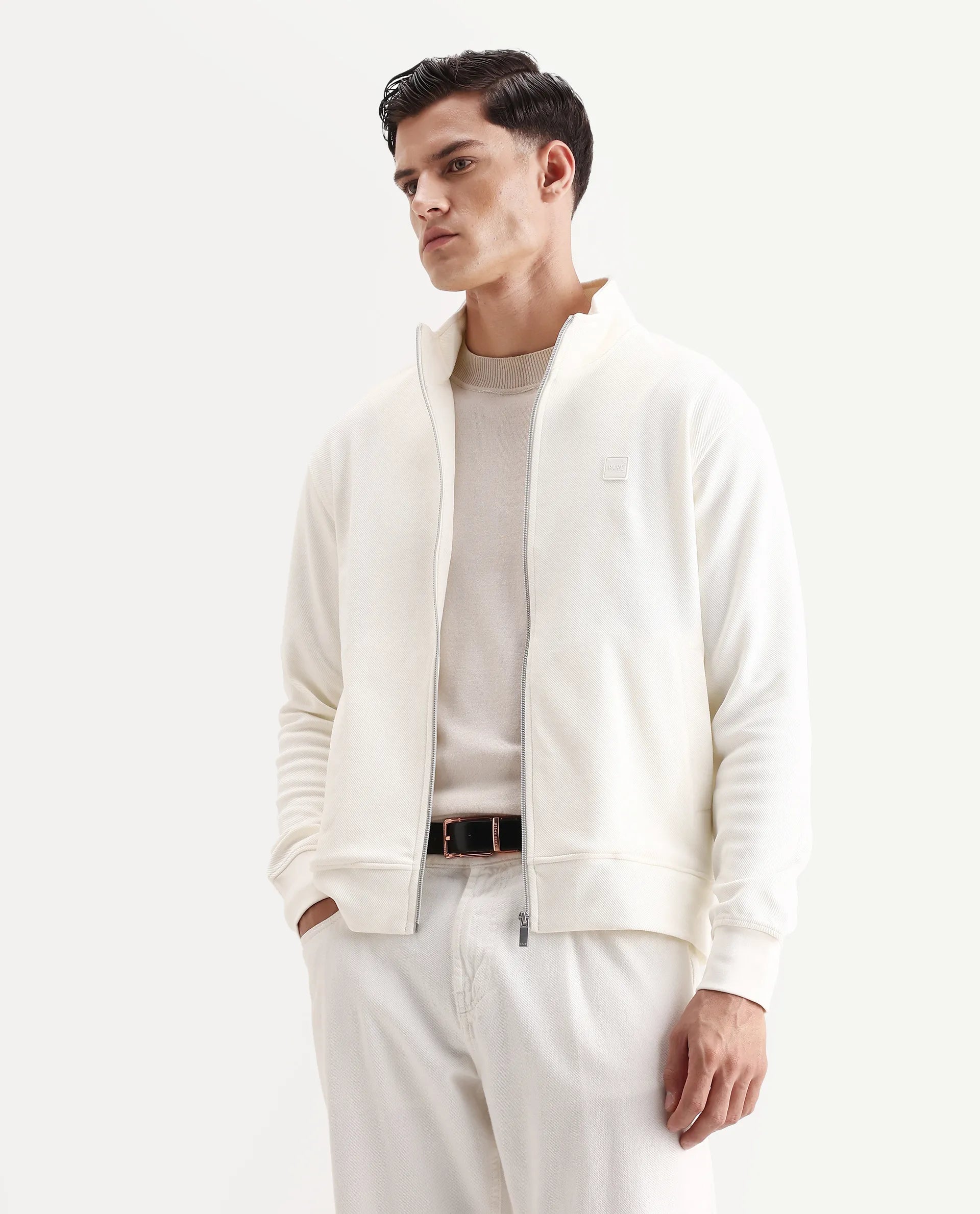 Rare Rabbit Men's Costo-J Off White Polyester Blend Plain Relaxed Fit Full Sleeve High Neck Sweatshirt