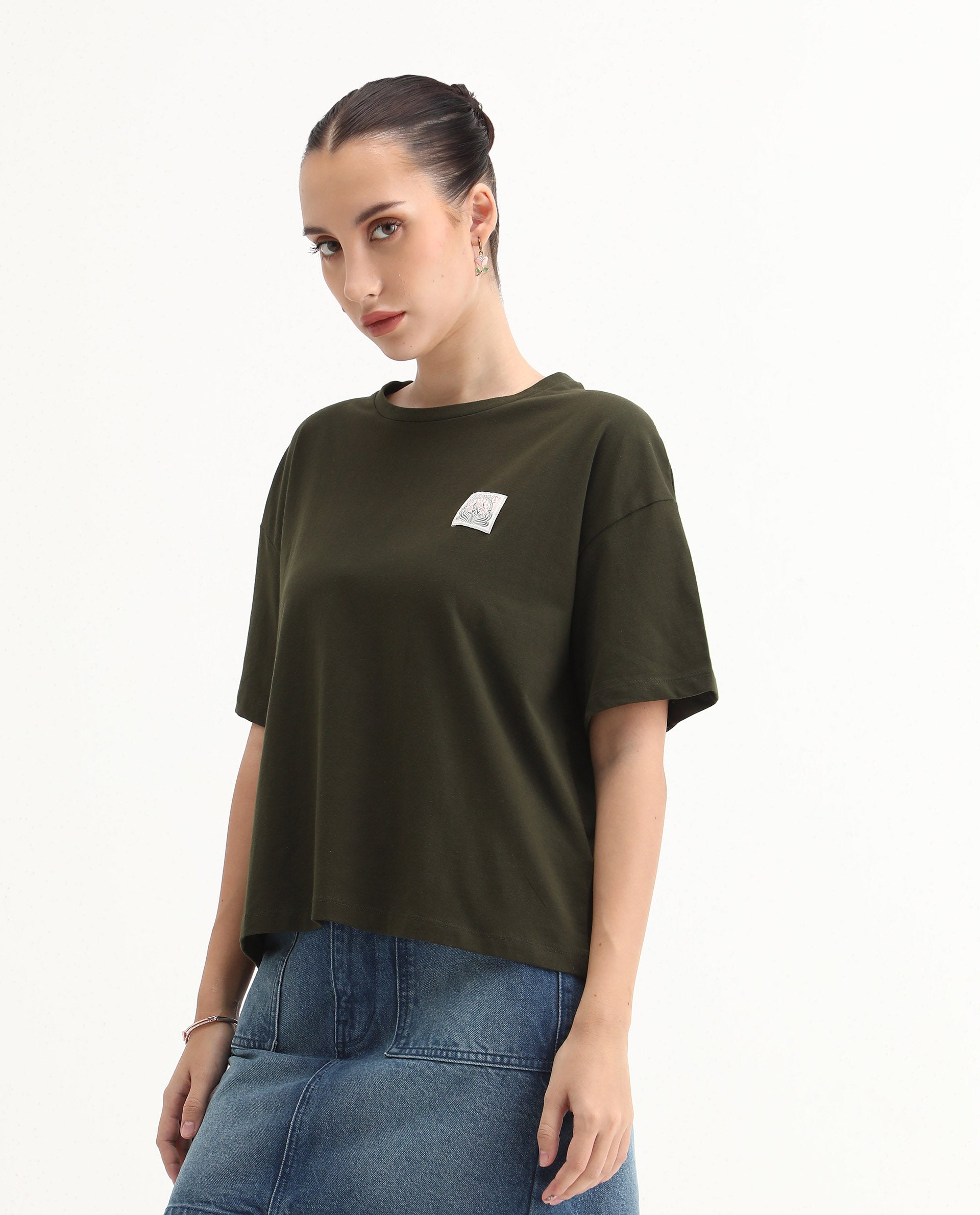 Rareism Women's Couler Olive Cotton Blend Crew Neck Graphic Print Relaxed Fit T-Shirt