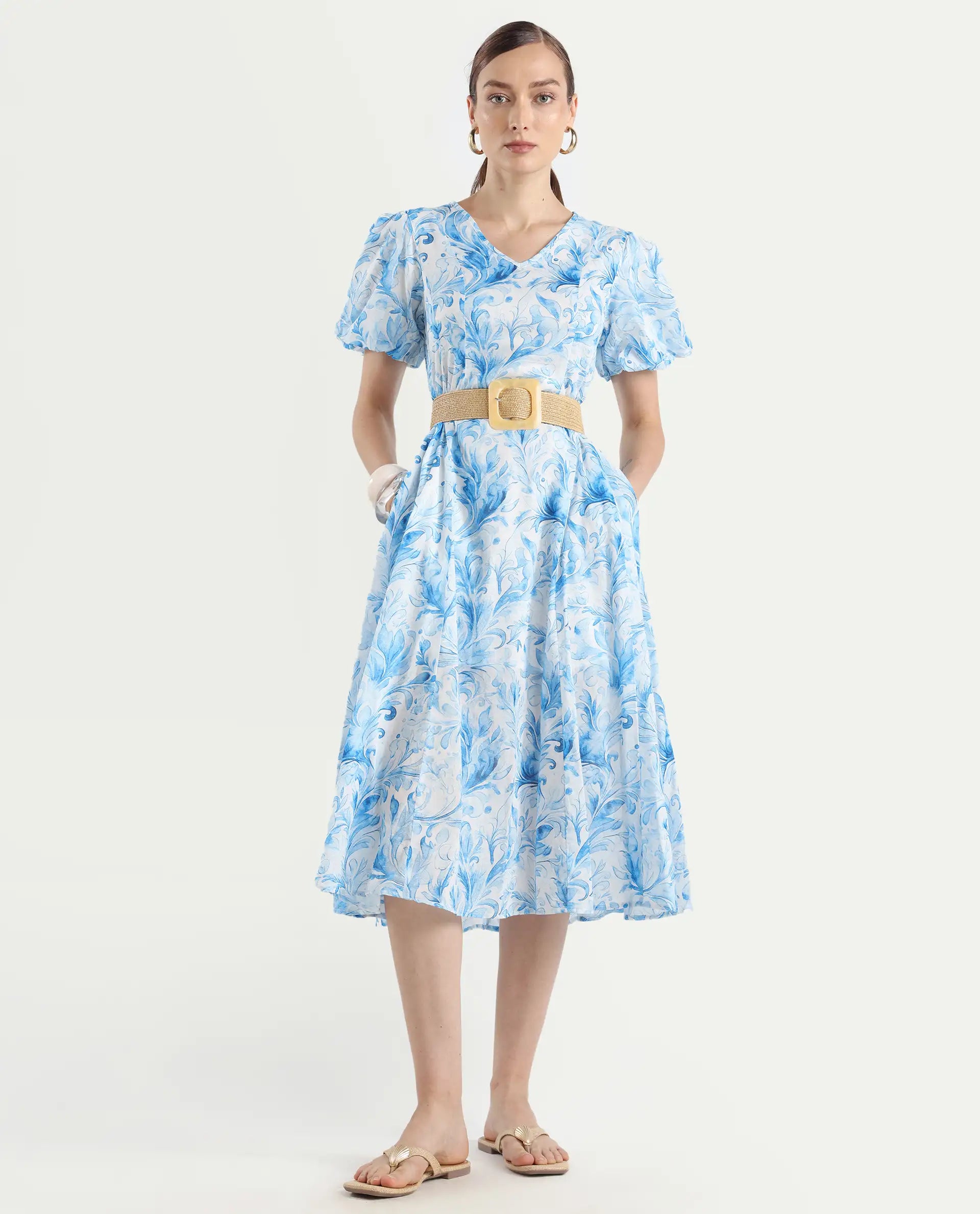Rareism Women's Covan Light Blue Cotton V-Neck Paisley Print Balloon Sleeve Midi Fit And Flare Dress