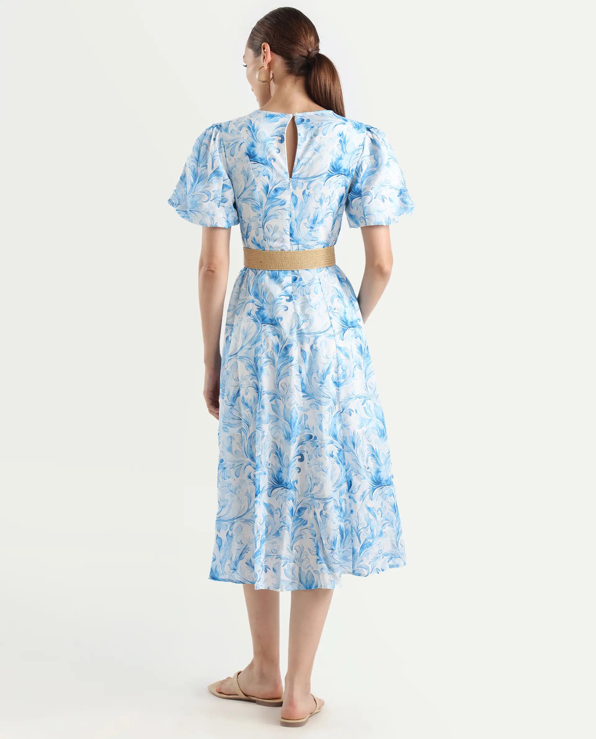 Rareism Women's Covan Light Blue Cotton V-Neck Paisley Print Balloon Sleeve Midi Fit And Flare Dress