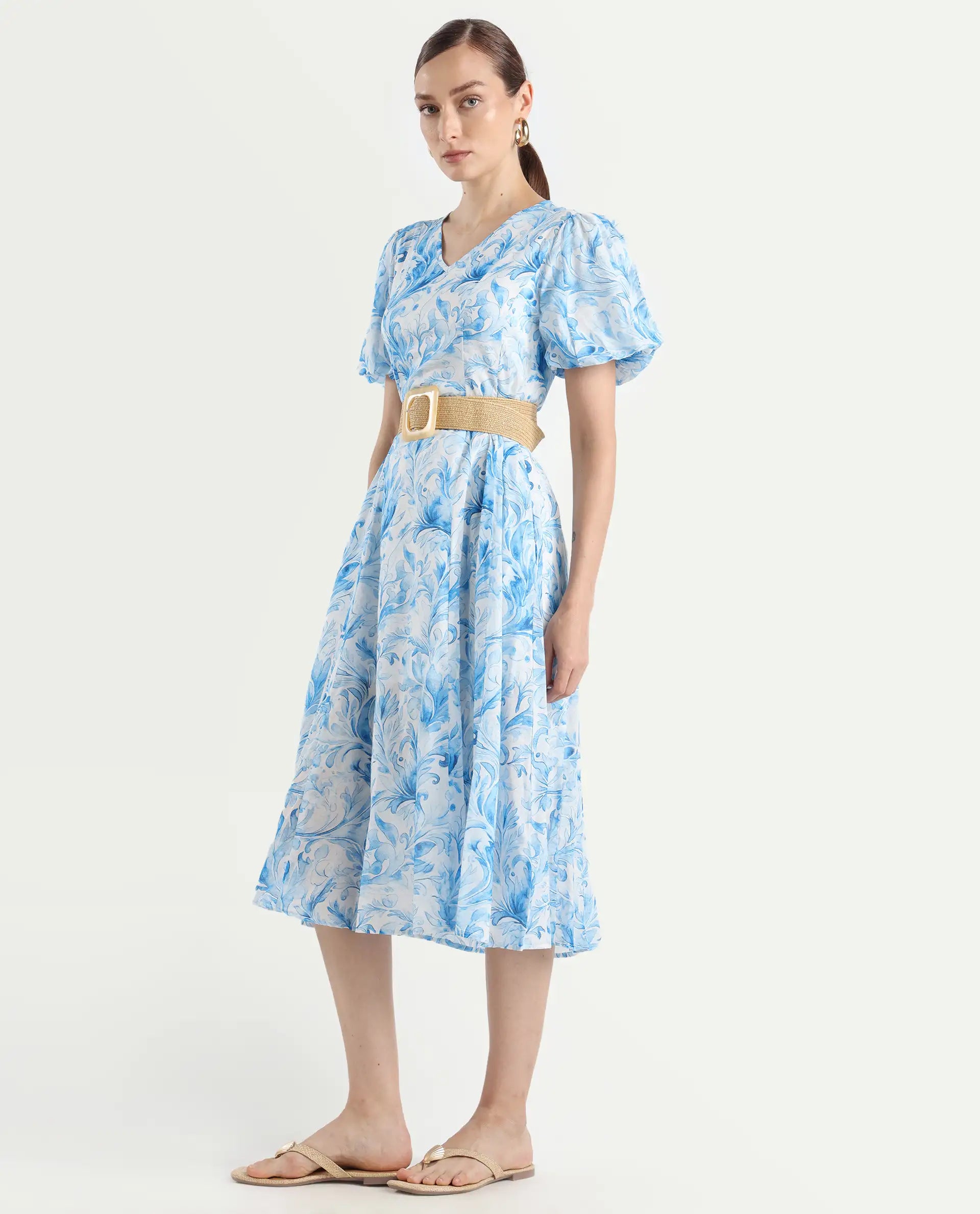 Rareism Women's Covan Light Blue Cotton V-Neck Paisley Print Balloon Sleeve Midi Fit And Flare Dress