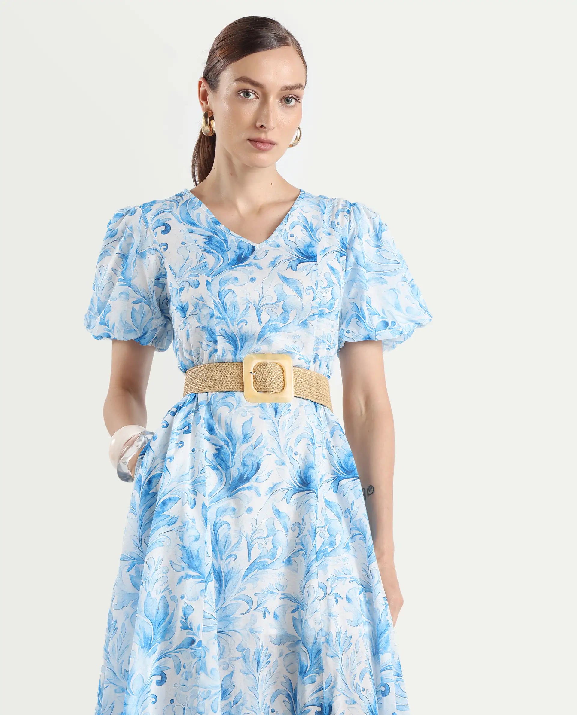 Rareism Women's Covan Light Blue Cotton V-Neck Paisley Print Balloon Sleeve Midi Fit And Flare Dress