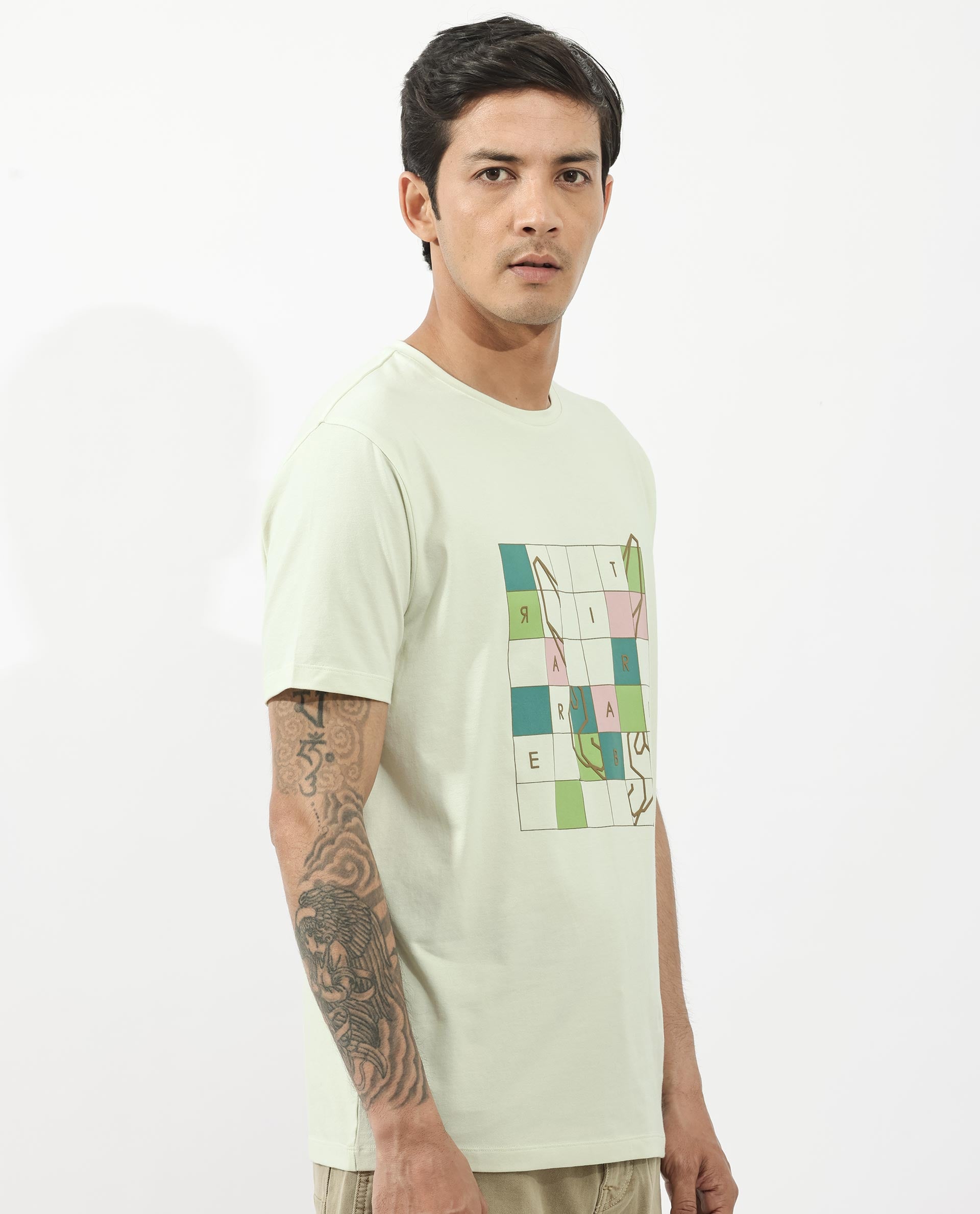 Rare Rabbit Articale Mens Cove Pastel Green Cotton Polyester Fabric Short Sleeve Crew Neck Regular Fit Graphic Printed T-Shirt