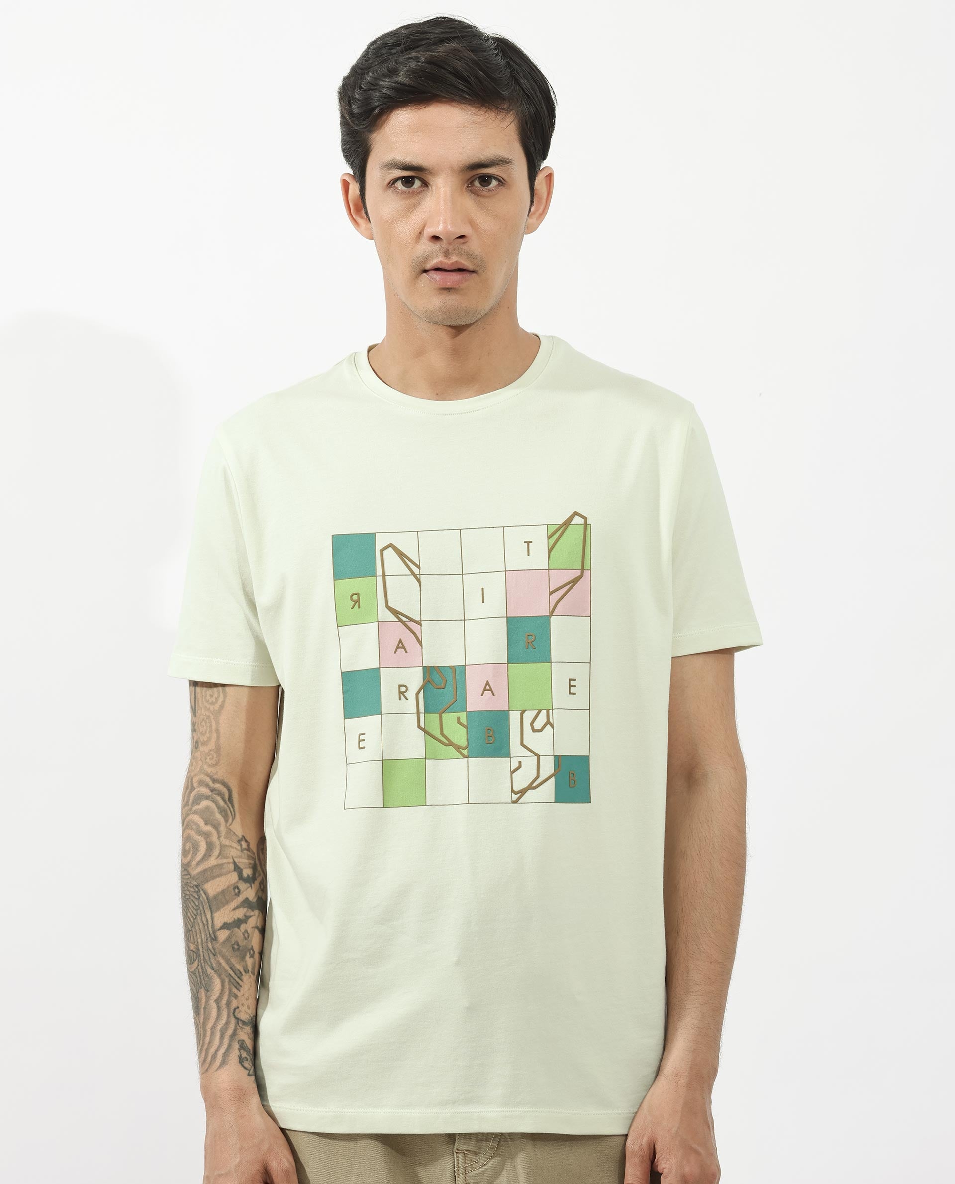 Rare Rabbit Articale Mens Cove Pastel Green Cotton Polyester Fabric Short Sleeve Crew Neck Regular Fit Graphic Printed T-Shirt