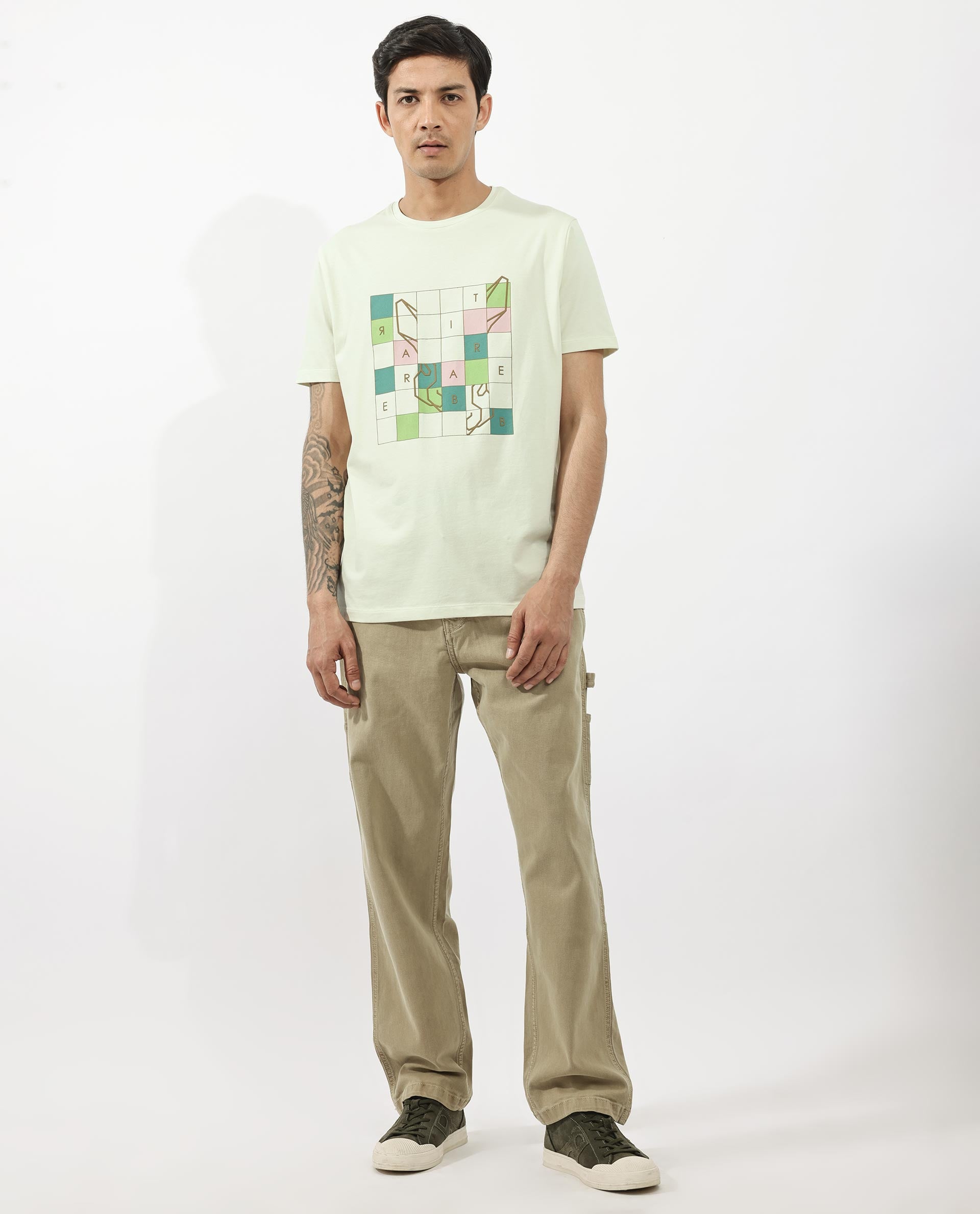 Rare Rabbit Articale Mens Cove Pastel Green Cotton Polyester Fabric Short Sleeve Crew Neck Regular Fit Graphic Printed T-Shirt