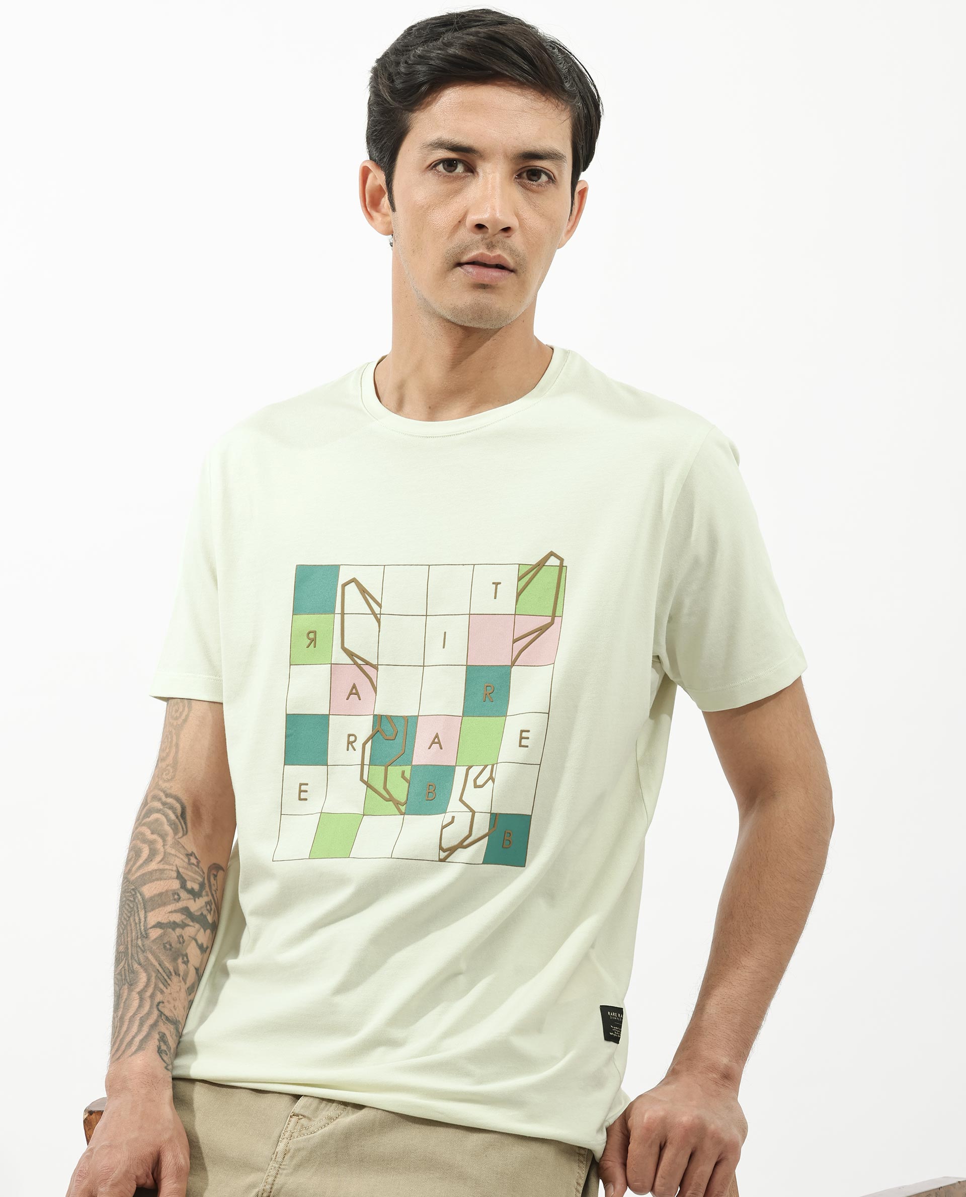 Rare Rabbit Articale Mens Cove Pastel Green Cotton Polyester Fabric Short Sleeve Crew Neck Regular Fit Graphic Printed T-Shirt