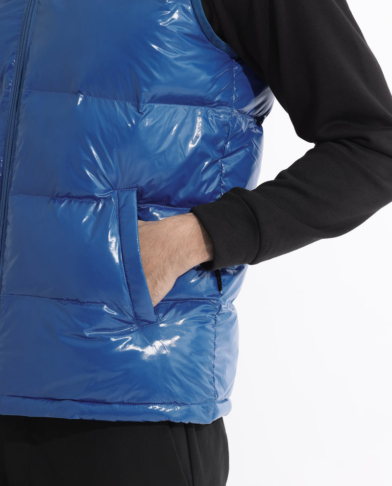 Rare Rabbit Men's Cover Dark Blue Metallic High Neck Quilted Puffer Jacket