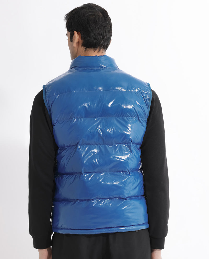 Rare Rabbit Men's Cover Dark Blue Metallic High Neck Quilted Puffer Jacket