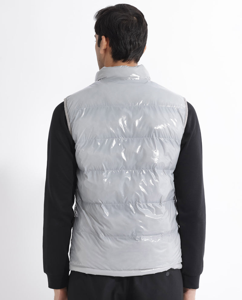 Rare Rabbit Men's Cover Light Grey Metallic High Neck Quilted Puffer Jacket