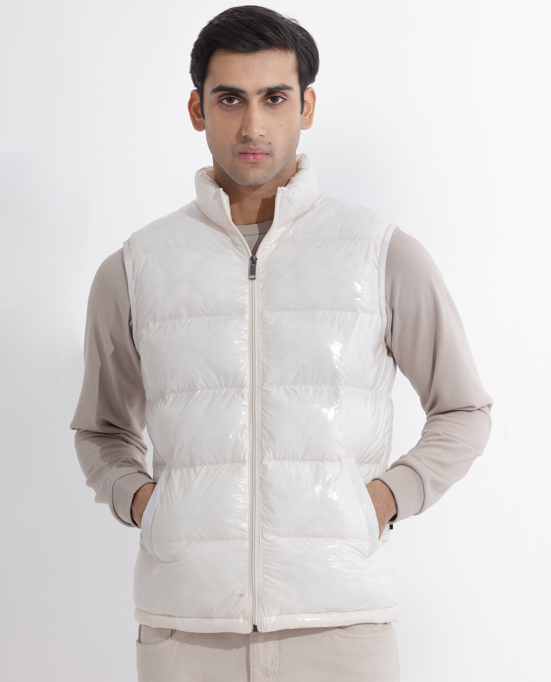 Rare Rabbit Men's Cover Off White High Neck Quilted Puffer Jacket