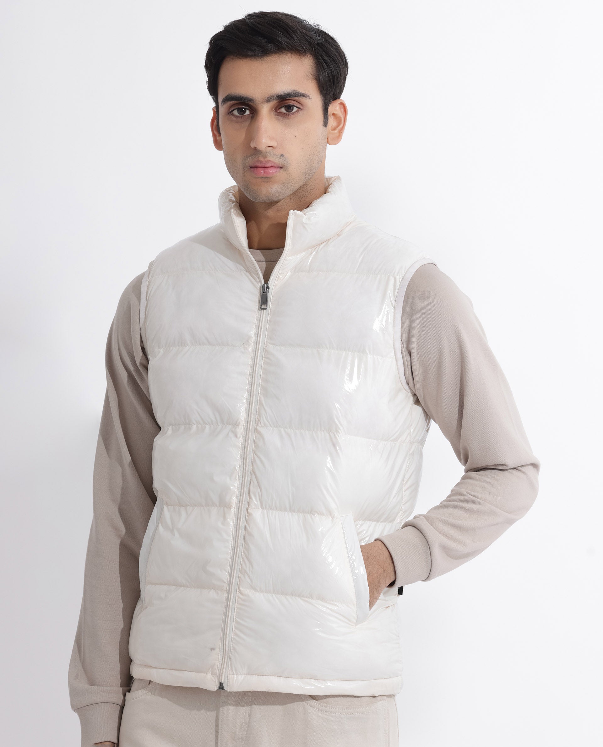 Rare Rabbit Men's Cover Off White High Neck Quilted Puffer Jacket