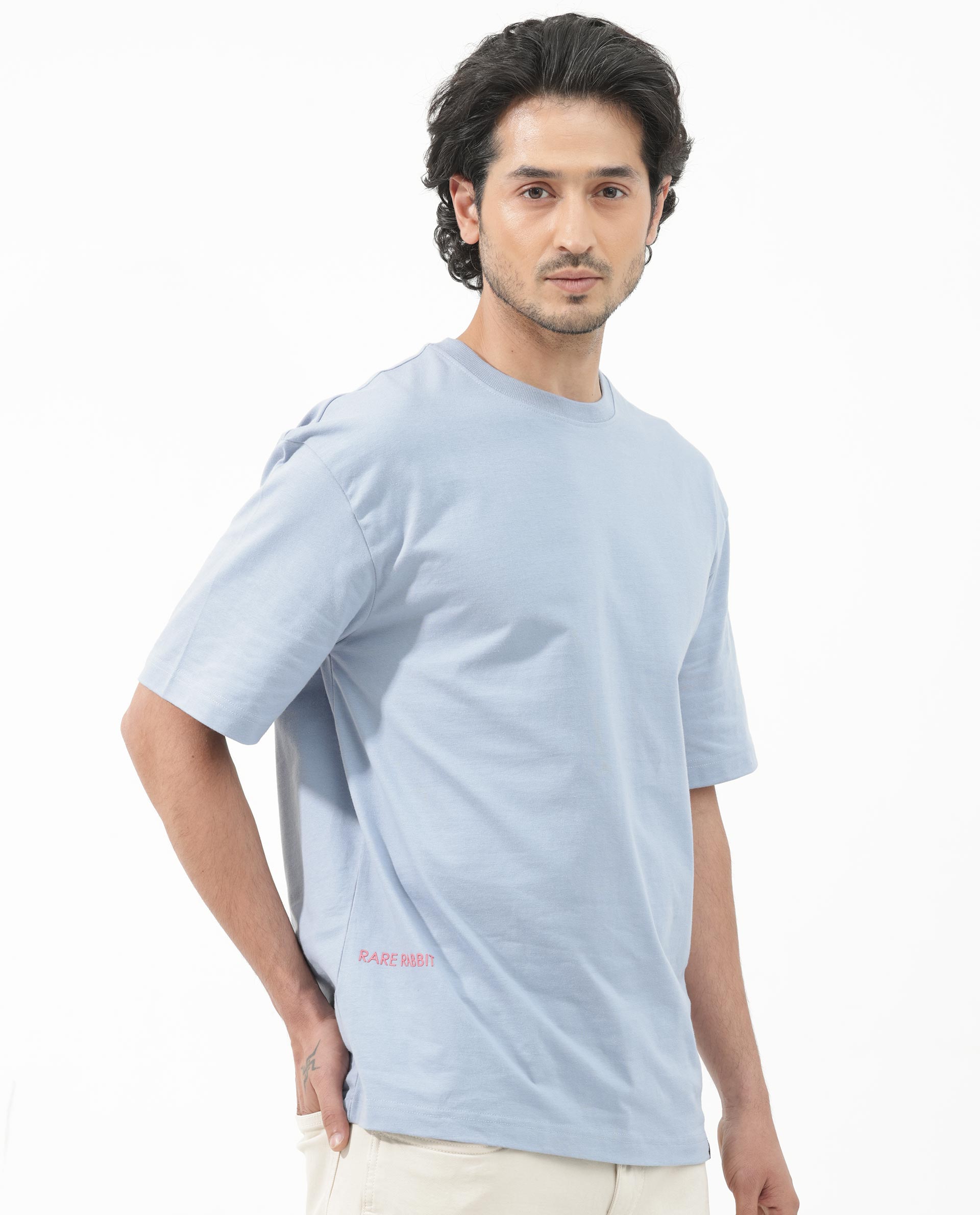 Rare Rabbit Articale Men's Covey Blue Cotton Fabric Crew Neck Oversized Fit Knit Botanical Print T-Shirt