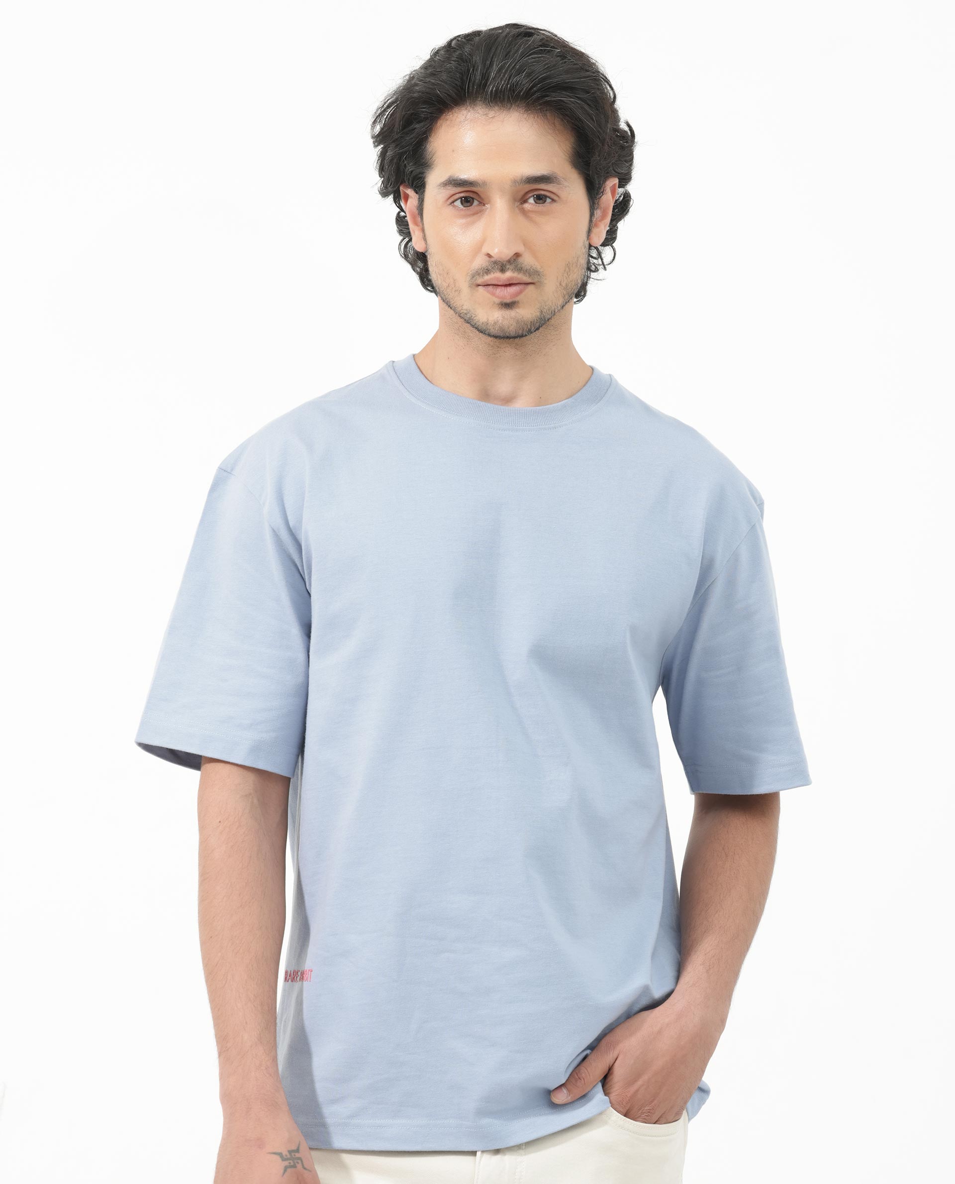 Rare Rabbit Articale Men's Covey Blue Cotton Fabric Crew Neck Oversized Fit Knit Botanical Print T-Shirt