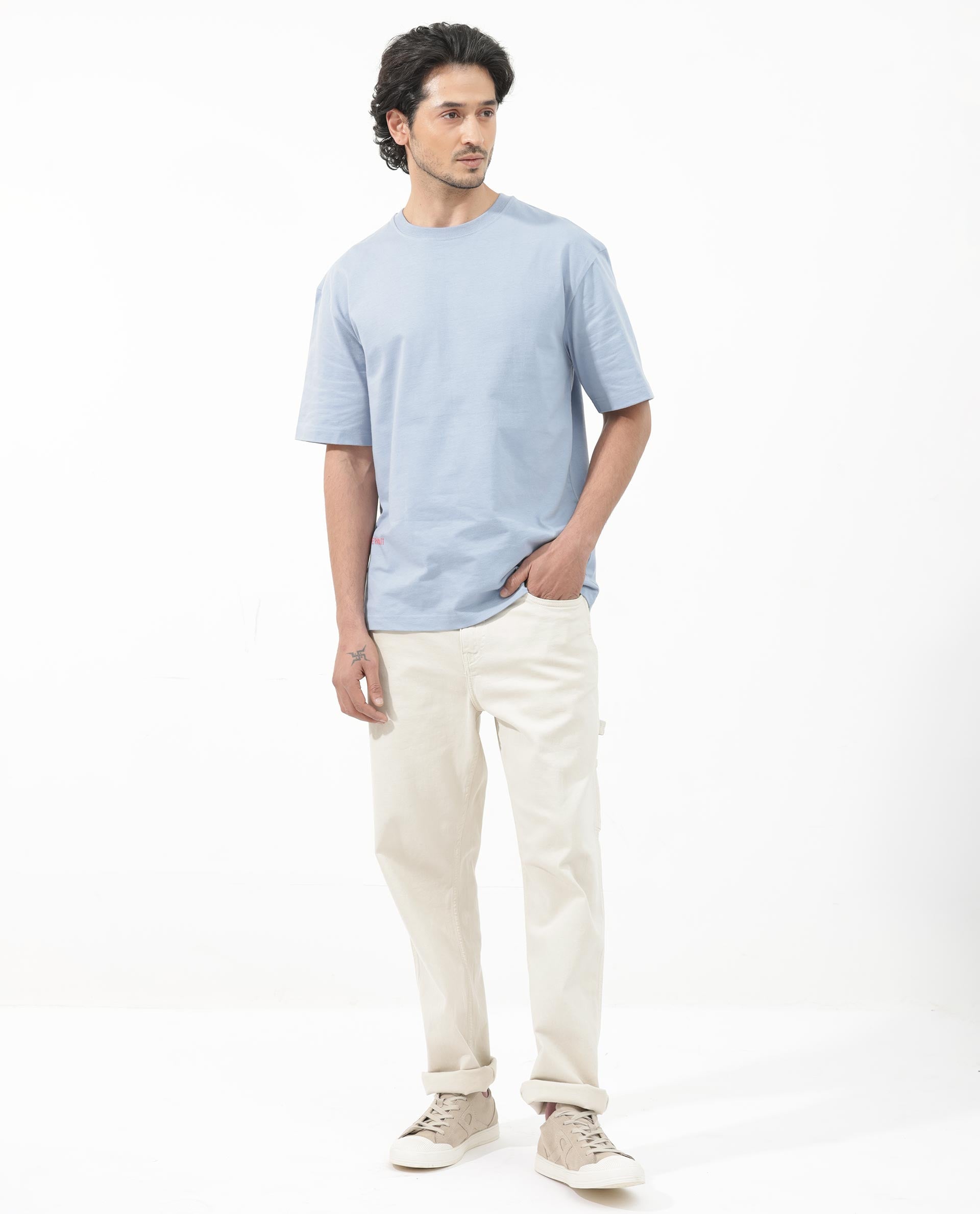 Rare Rabbit Articale Men's Covey Blue Cotton Fabric Crew Neck Oversized Fit Knit Botanical Print T-Shirt