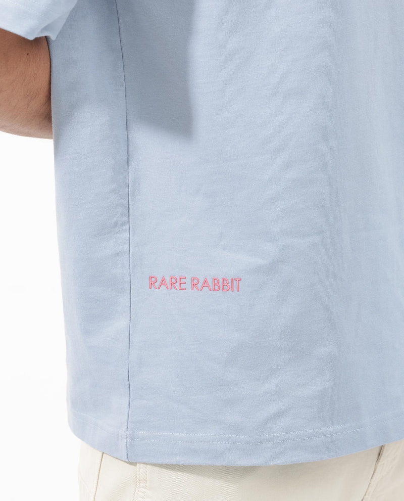 Rare Rabbit Articale Men's Covey Blue Cotton Fabric Crew Neck Oversized Fit Knit Botanical Print T-Shirt