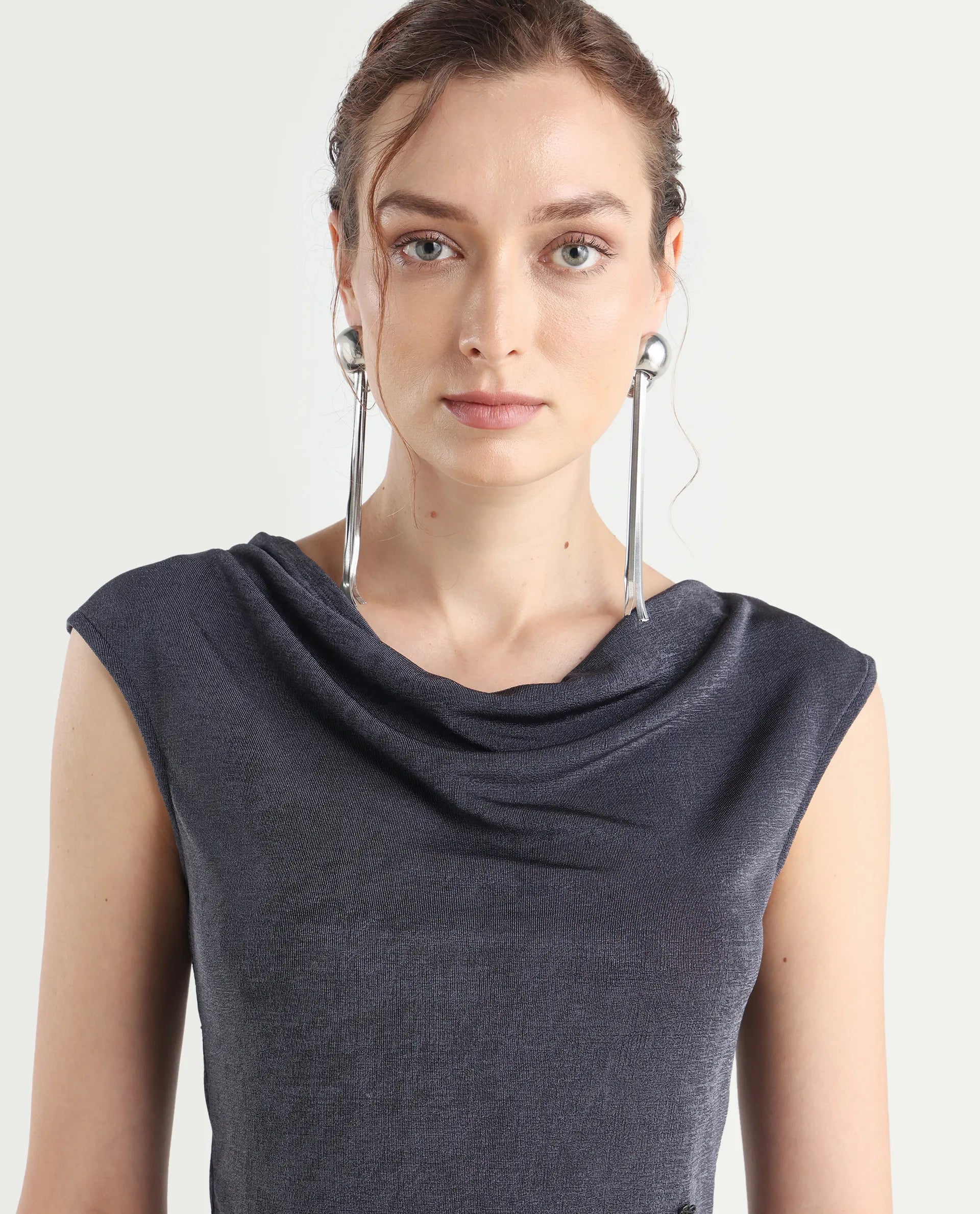 Rareism Women's Cowly Dark Grey Polyester Cowl Neck Plain Sleeveless Regular Fit Top