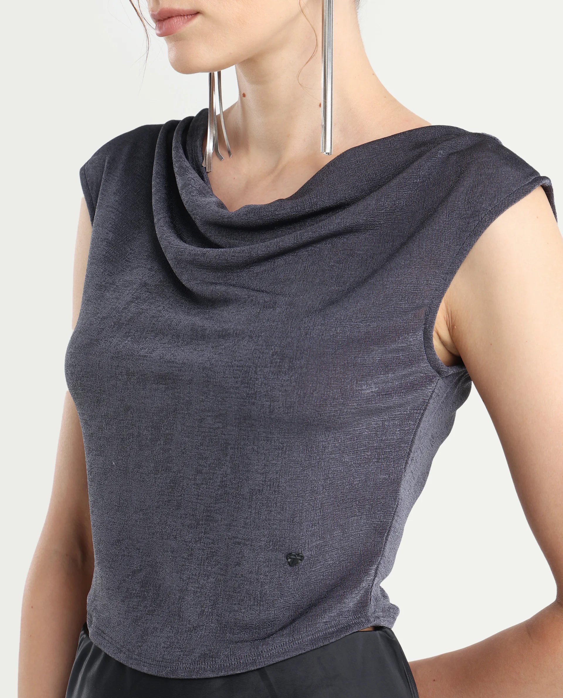 Rareism Women's Cowly Dark Grey Polyester Cowl Neck Plain Sleeveless Regular Fit Top