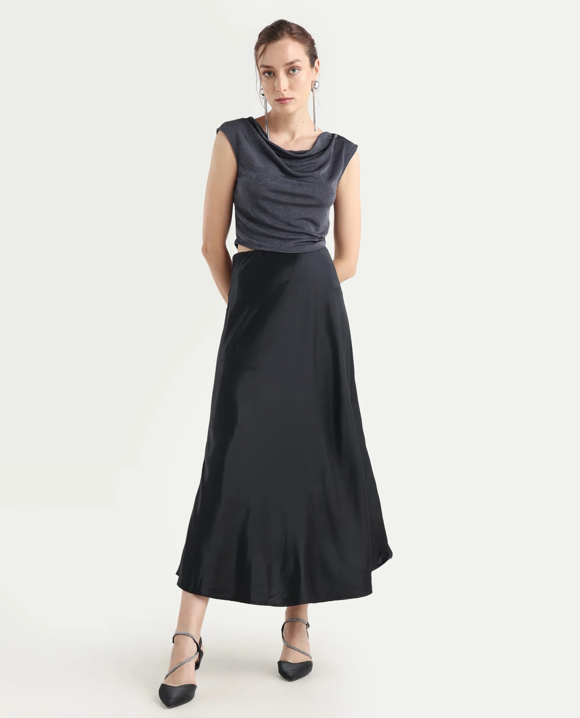 Rareism Women's Cowly Dark Grey Polyester Cowl Neck Plain Sleeveless Regular Fit Top