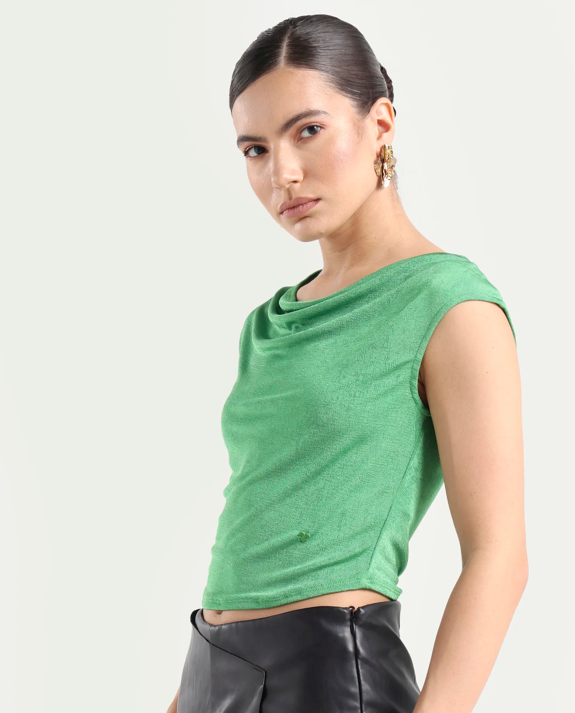 Rareism Women's Cowly Green Polyester Cowl Neck Plain Sleeveless Regular Fit Top