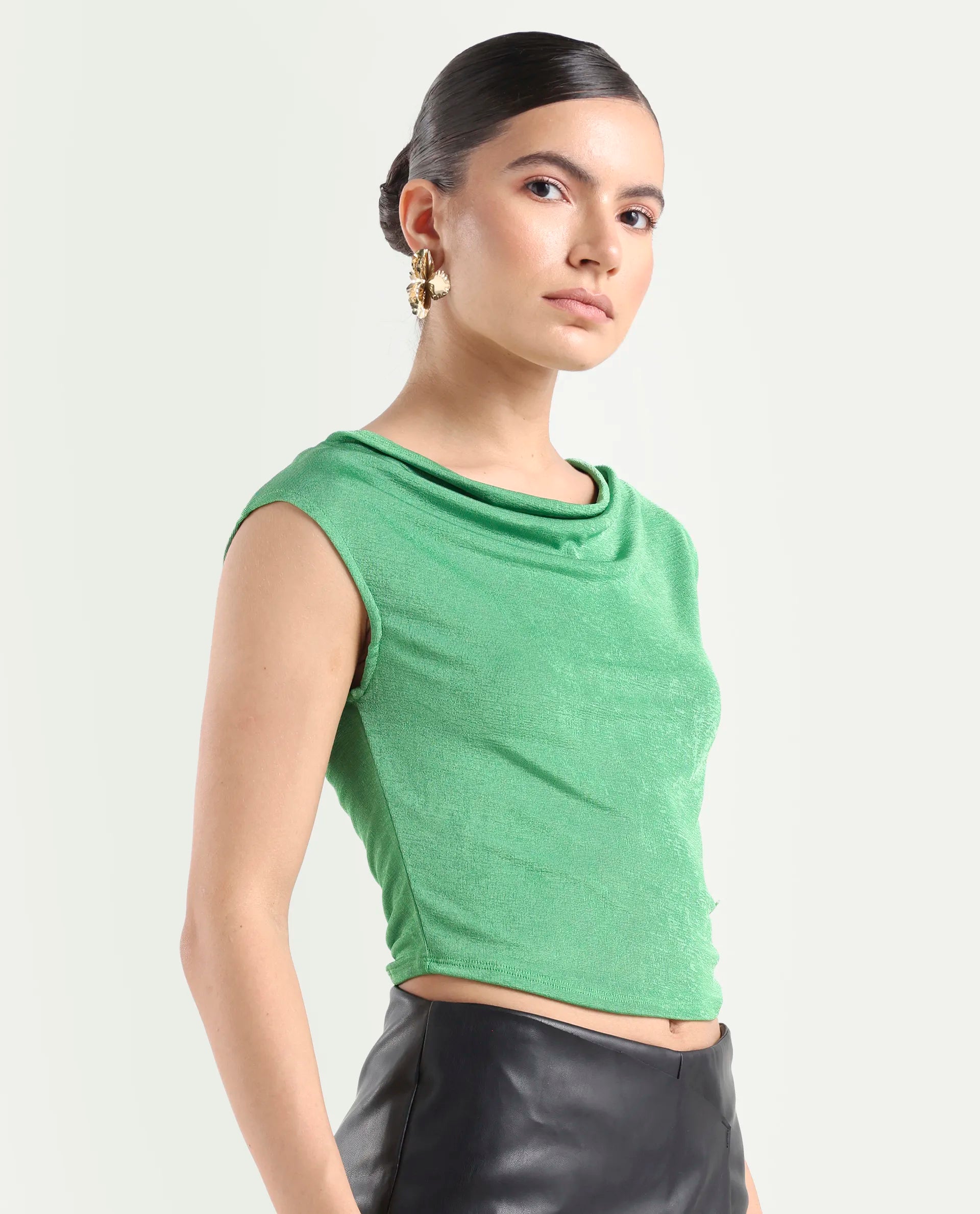 Rareism Women's Cowly Green Polyester Cowl Neck Plain Sleeveless Regular Fit Top