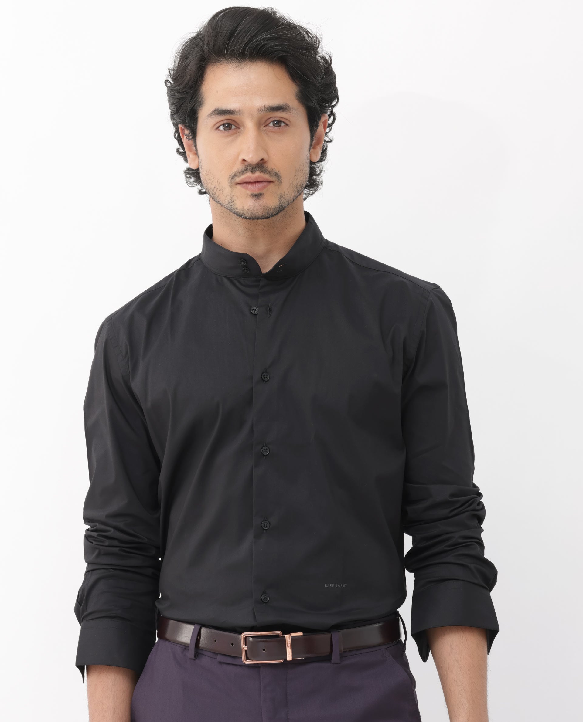 Rare Rabbit Men's Cox-3 Black Cotton Polyester Fabric Mandarin Collar Full Sleeves Solid Shirt