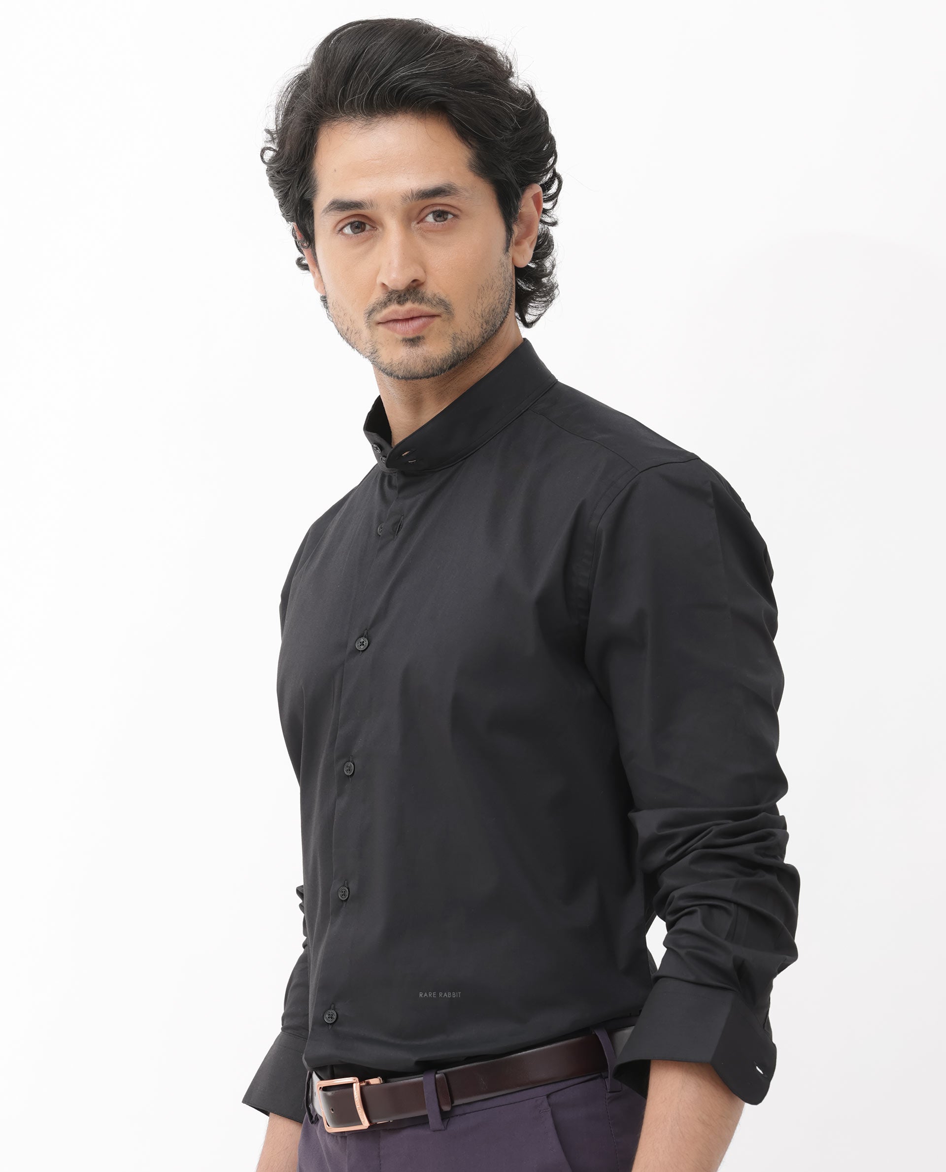 Rare Rabbit Men's Cox-3 Black Cotton Polyester Fabric Mandarin Collar Full Sleeves Solid Shirt