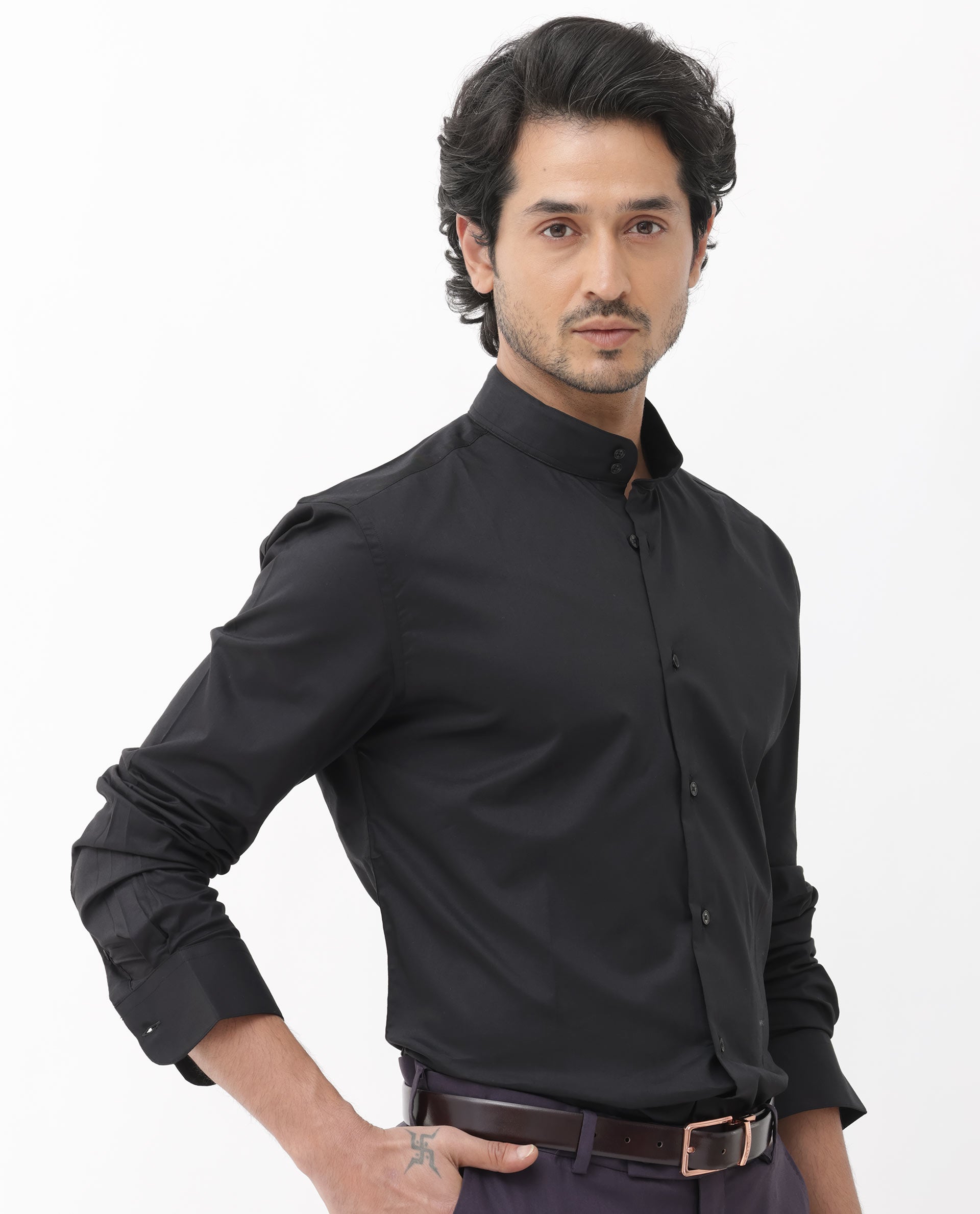 Rare Rabbit Men's Cox-3 Black Cotton Polyester Fabric Mandarin Collar Full Sleeves Solid Shirt