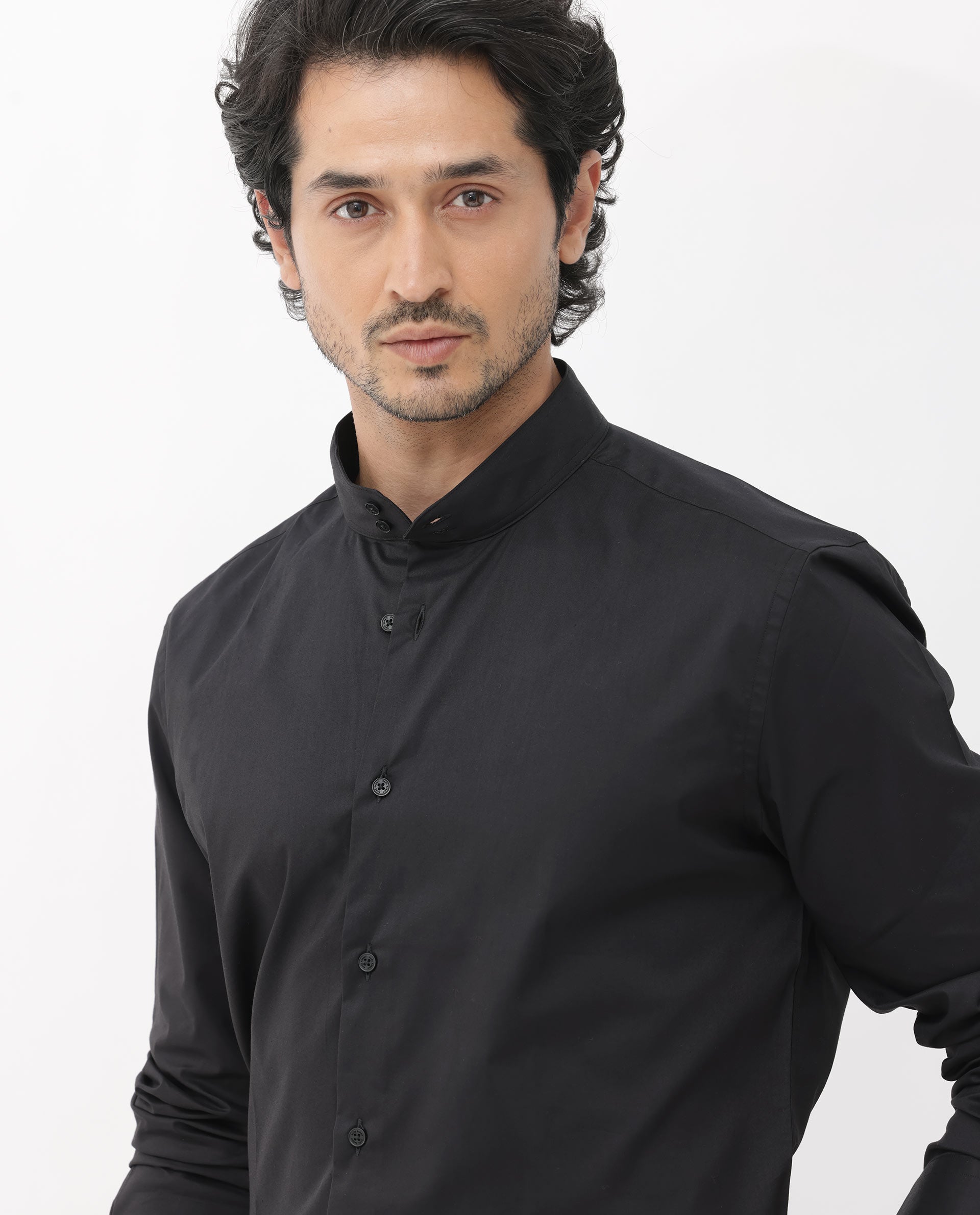 Rare Rabbit Men's Cox-3 Black Cotton Polyester Fabric Mandarin Collar Full Sleeves Solid Shirt