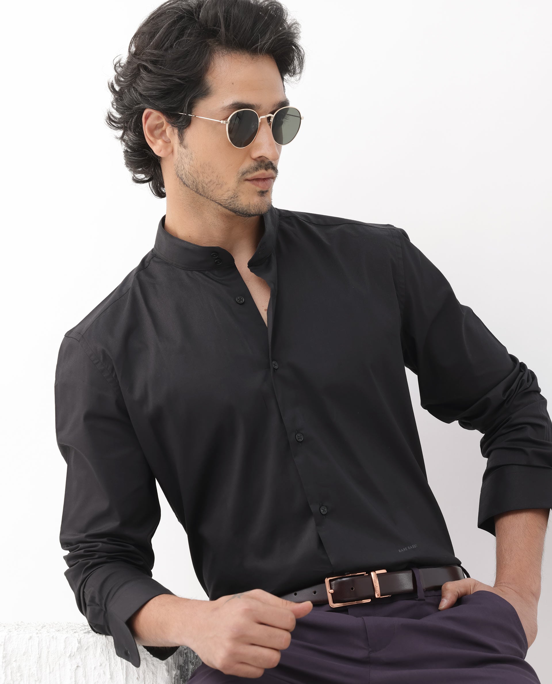 Rare Rabbit Men's Cox-3 Black Cotton Polyester Fabric Mandarin Collar Full Sleeves Solid Shirt