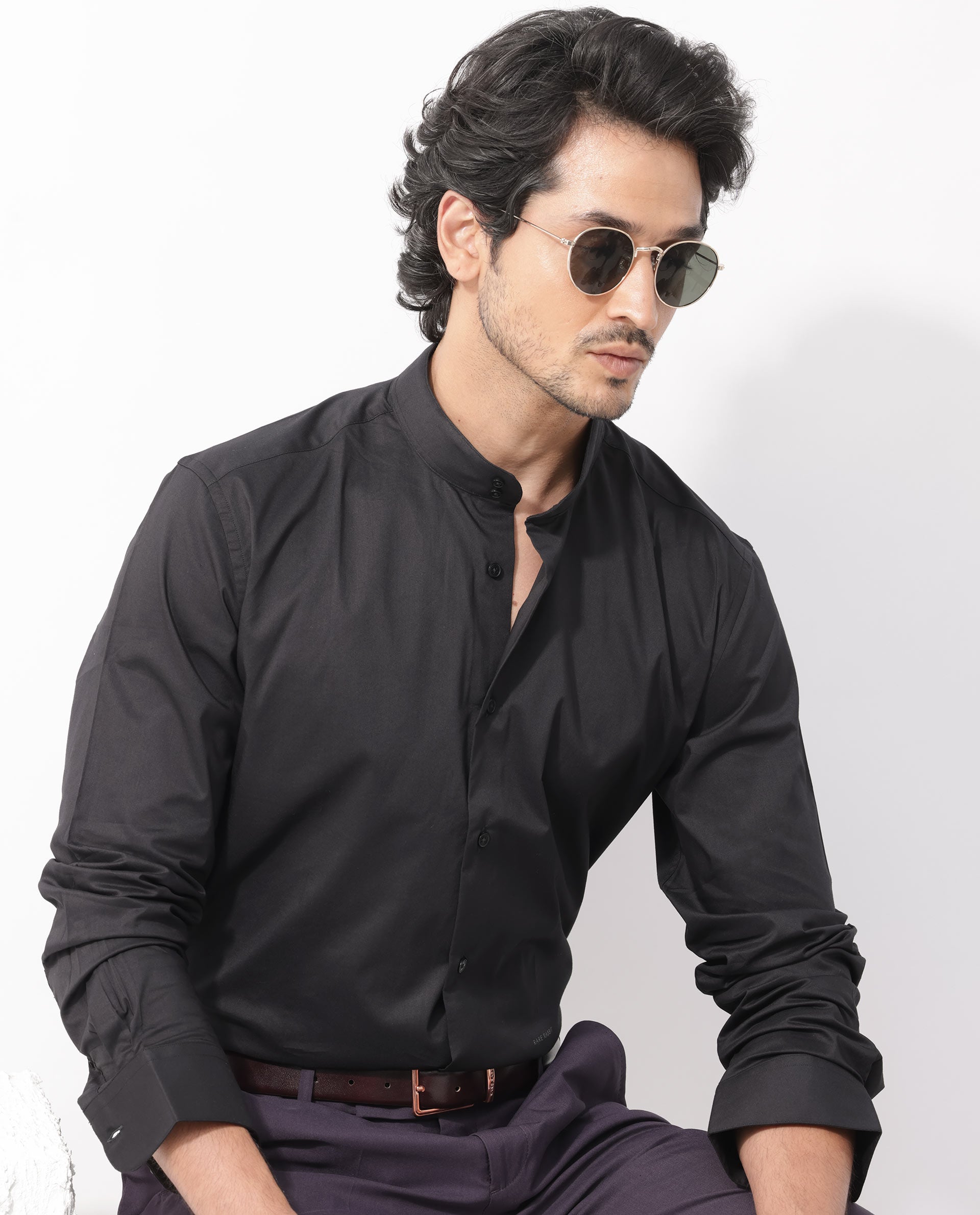 Rare Rabbit Men's Cox-3 Black Cotton Polyester Fabric Mandarin Collar Full Sleeves Solid Shirt